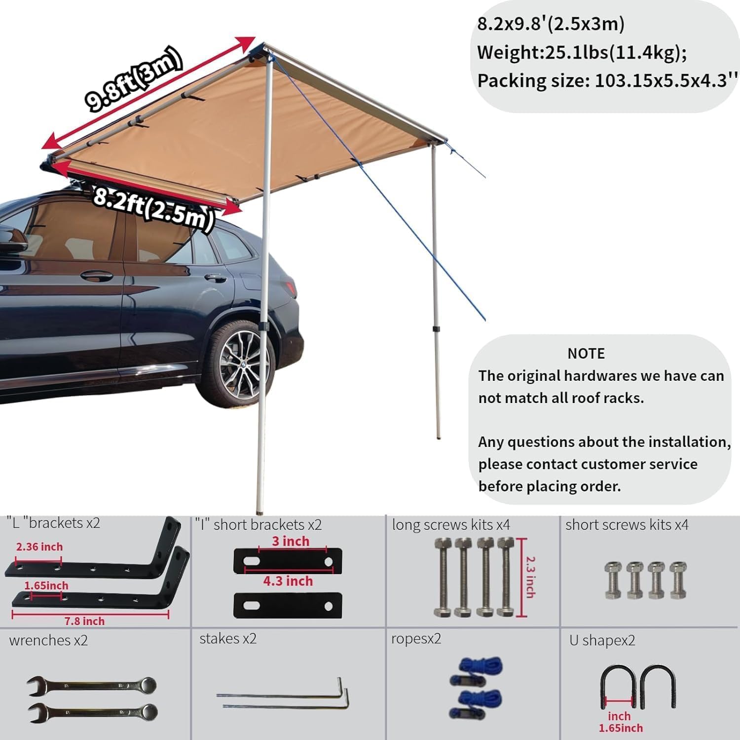 DANCHEL OUTDOOR Vehicle Overlanding Awning with 3pcs Side Wall Windbreaks, Portable Car Awning Extension Shades Camper Shelter Camping(Khaki 8.2x9.8ft)