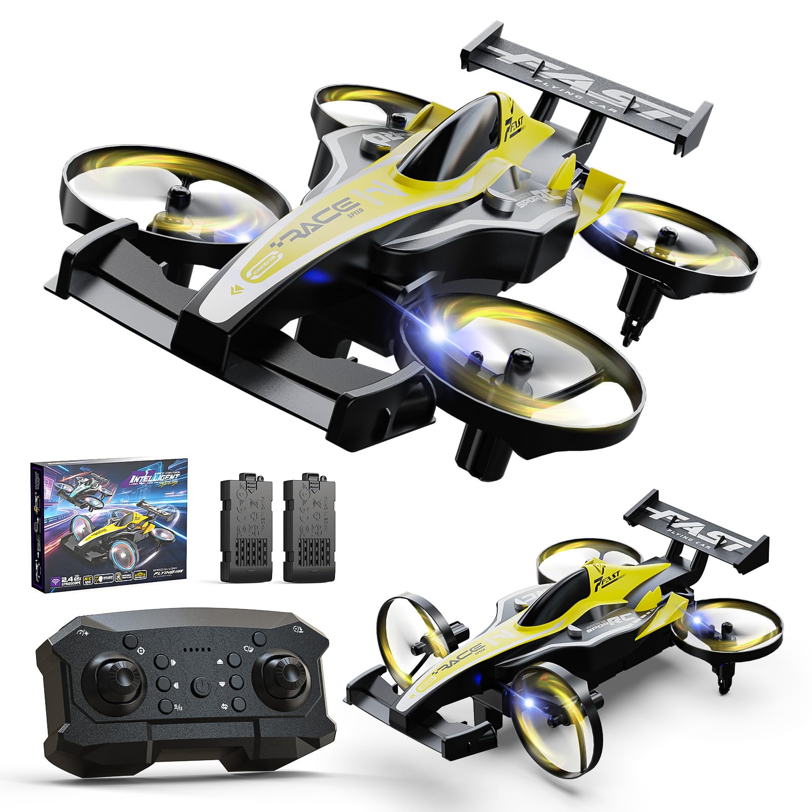 DEERC HT35 Mini Drone RC 2 in 1 per Bambini, Veicolo Acrobatico Terra-Aria | Drift a Terra, Flip a 360°, Mantenimento dell’Altitudine, 3 Velocità, Luci LED, 2 Batterie, Giocattolo RC Regalo per Bambini