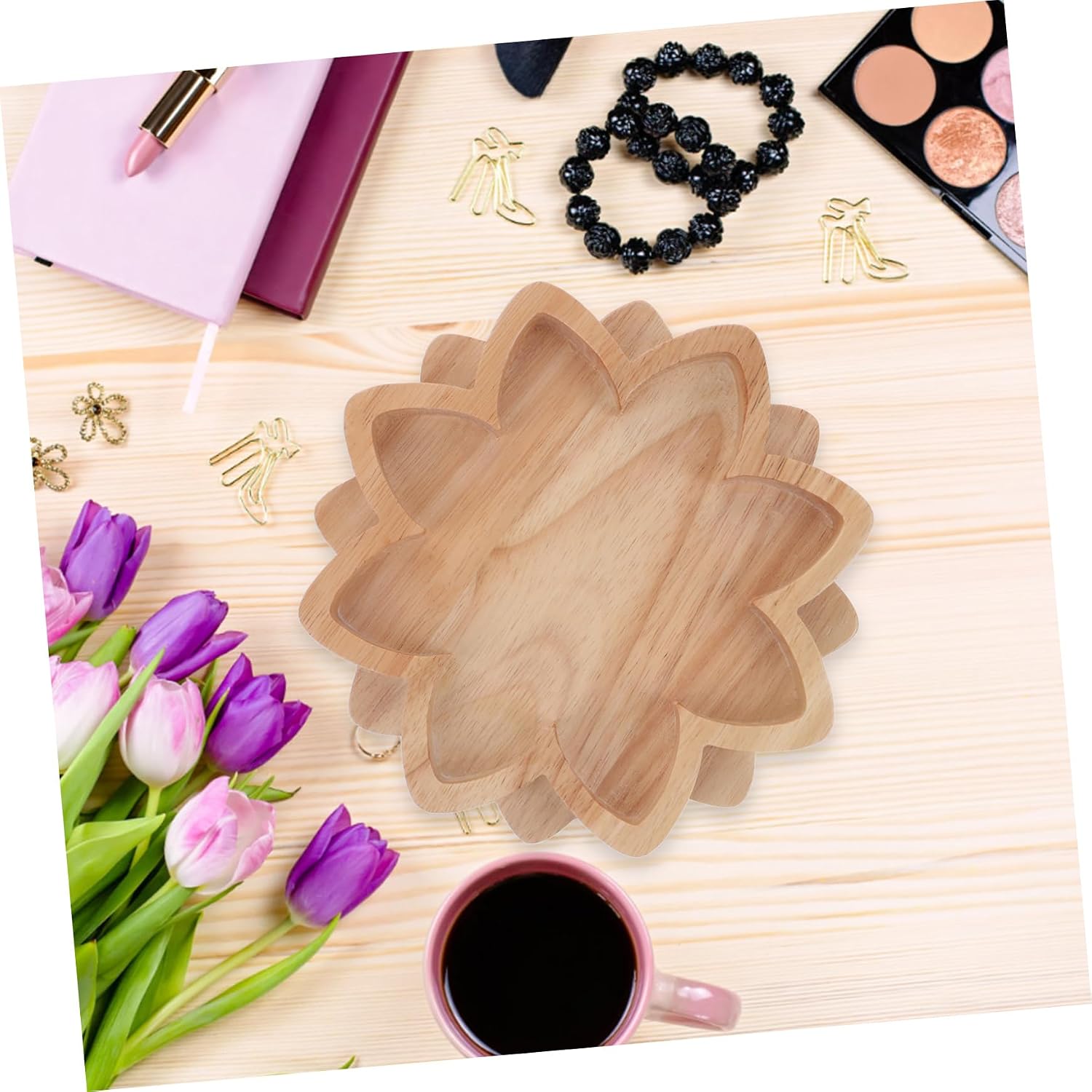 Lotus Shape Wooden Tray Organizer for Beads Rings Coins Beige