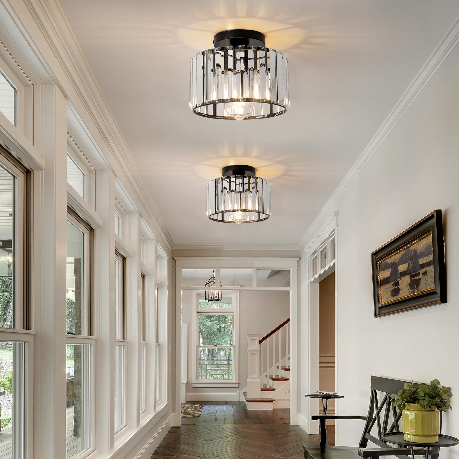 Hudi Fyier Black Crystal Ceiling Light for Hallway Small Semi Flush Mount Fixture - Image 3