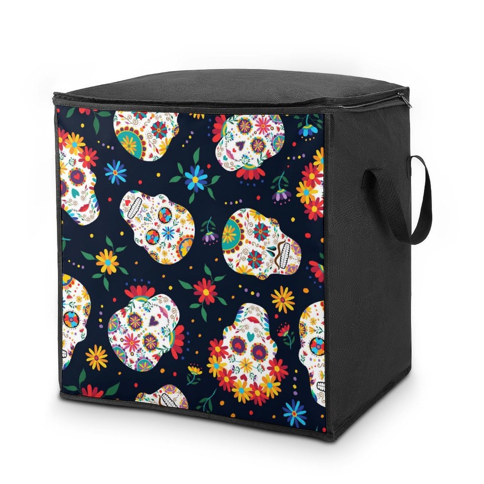 Lyfthologen 70L Storage Bags, Mexican Sugar Skull Storage Box with Lid Zipper And Handles, Clothes Bags for Quilt, Blankets, Bedding