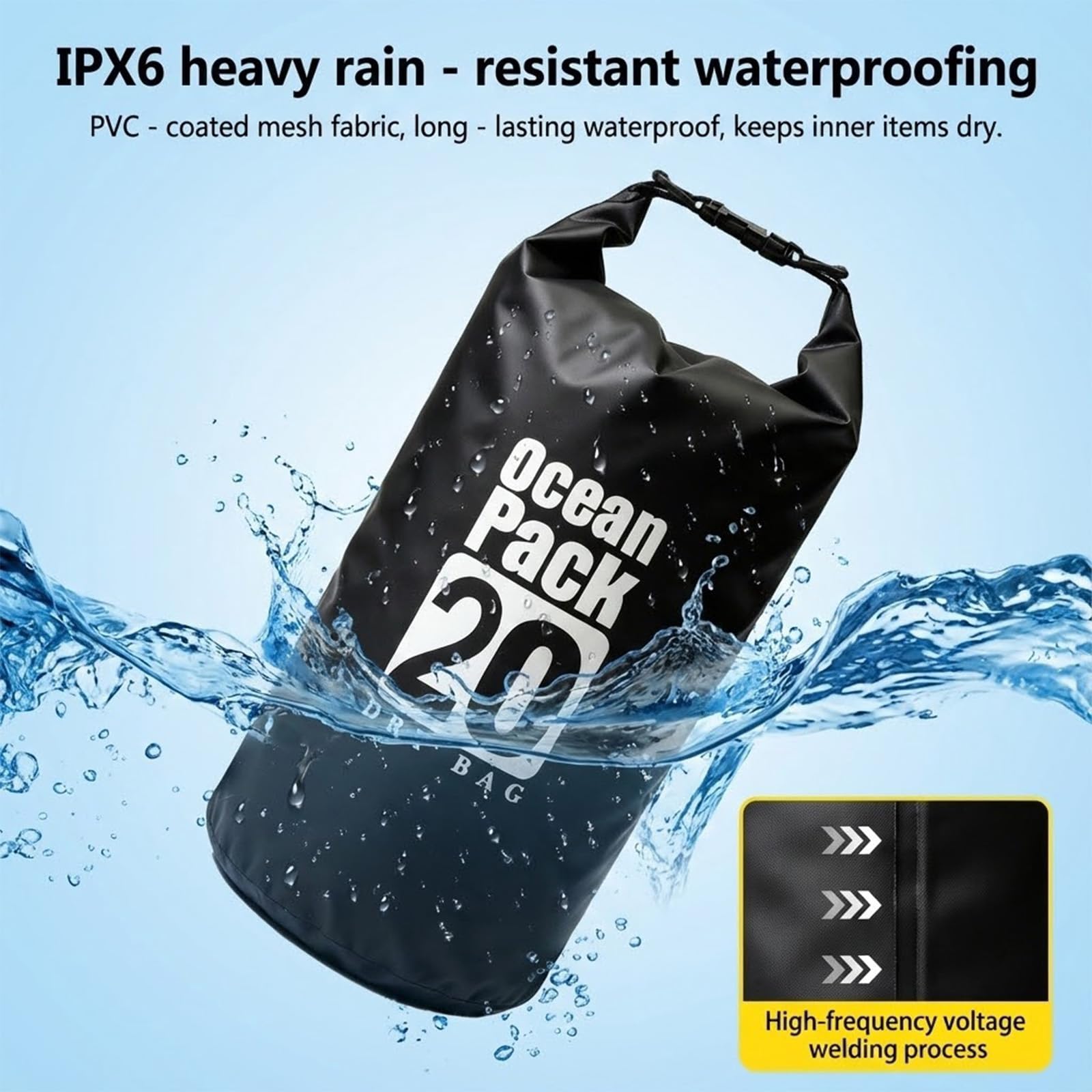 Bolsa seca flotante impermeable de 5L/10L/15L/20L para mujer, mochila ligera y duradera para kayak, natación, camping, senderismo, suave y resistente a la abrasión con cierre enrollable (negro