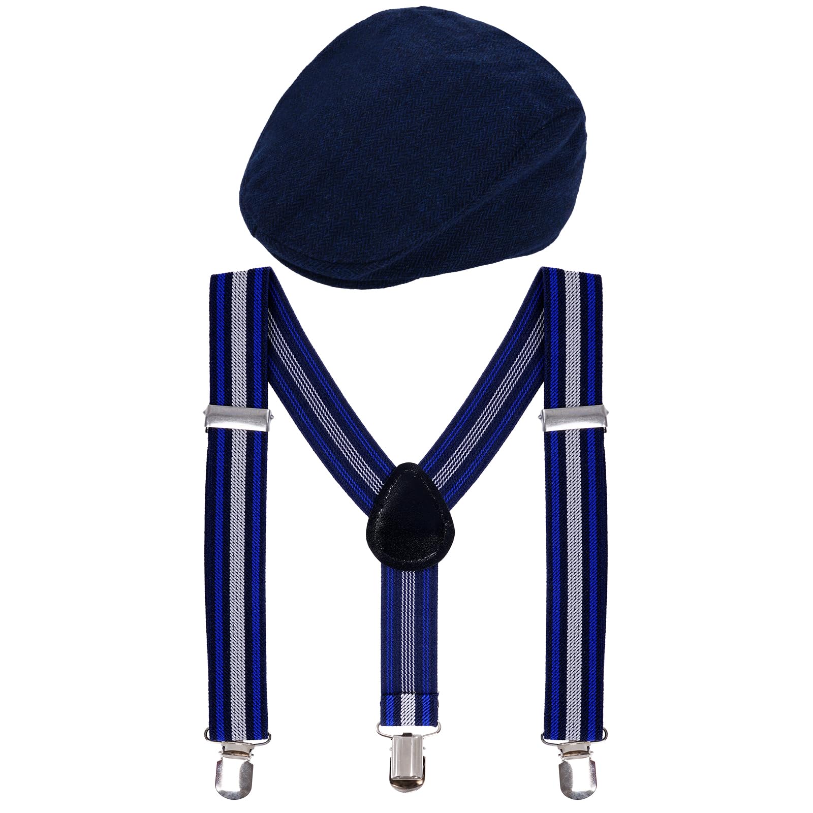 Bskifnn Kids Newsboy Cap with Suspender Set Adjustable Suspender Stylish Outfit for Wedding,Photoshoot,Party,100 Days of School (Dark Blue)