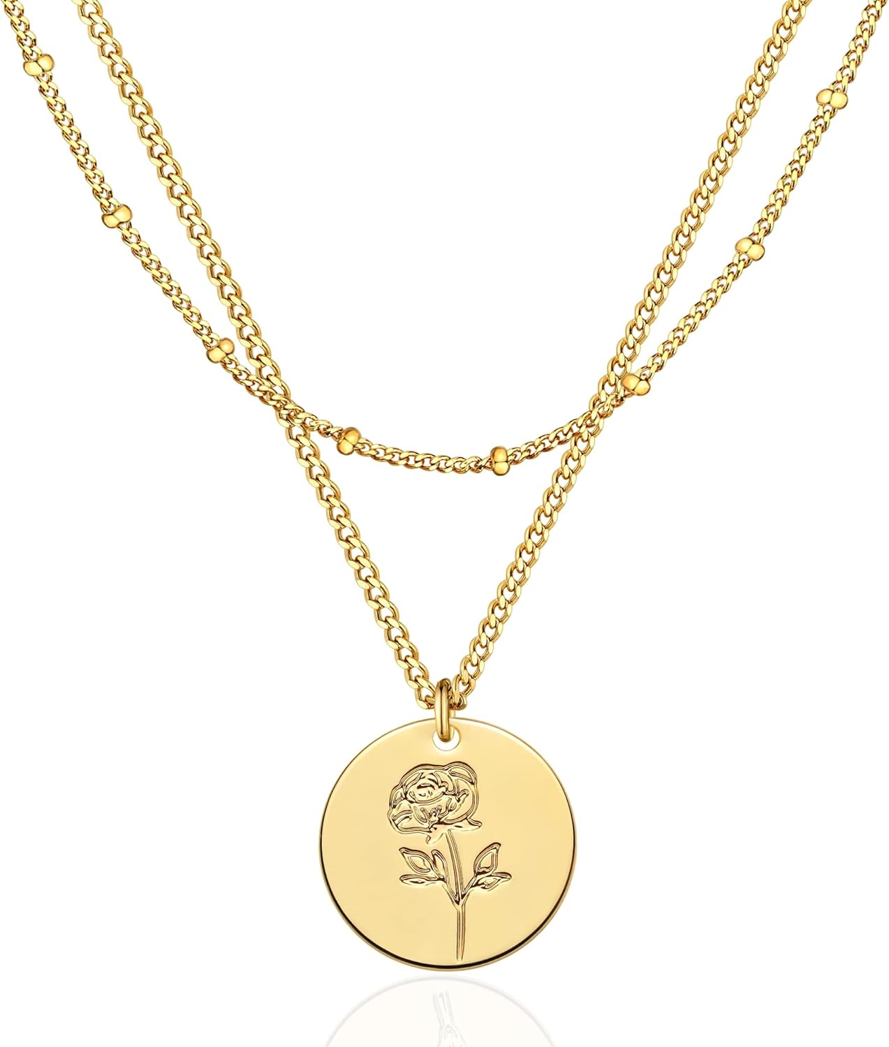 WEARON Birth Flower Necklace 18K Gold Plated Dainty Birth Month Flower Layered Pendant Necklace Bead Choker Necklace for Women
