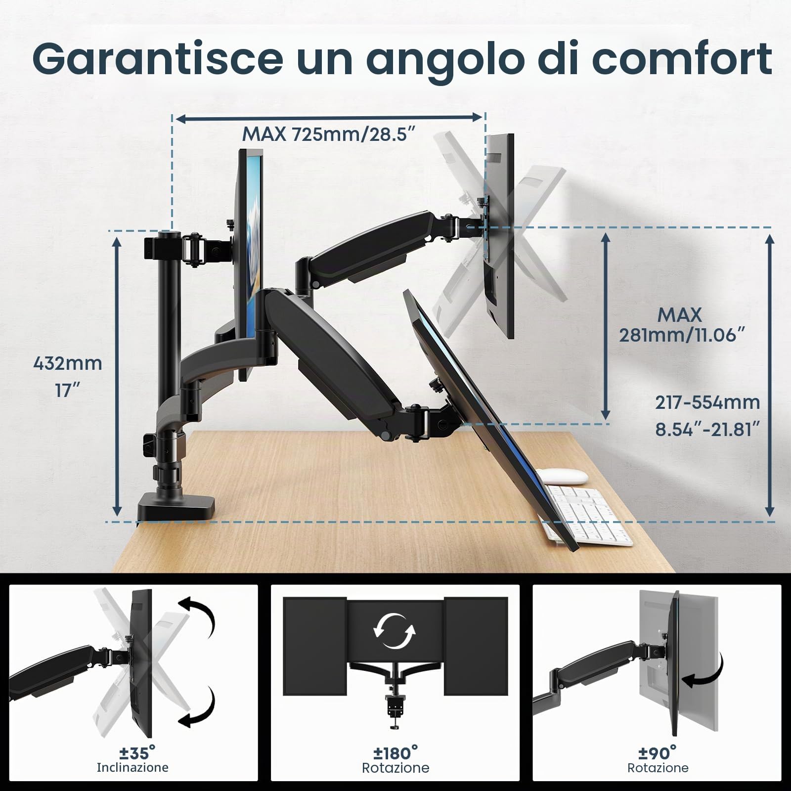 Supporto per monitor 3 monitor, WORLDLIFT Premium in alluminio Supporto per 3 monitor per schermi LCD LED da 17“-27”, supporto da tavolo regolabile in altezza, 7 kg/braccio, vesa 75/100 mm