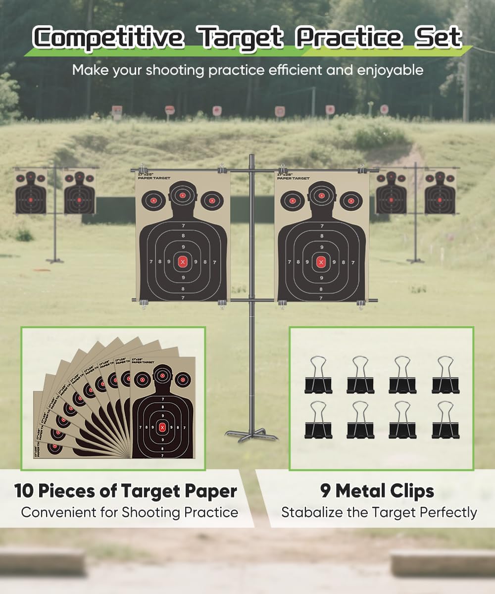 5-Prong Base Target Stand, Adjustable Metal Shooting Stand with 10 pcs Target Paper and 9 Clips, Portable Archery Stand for Outdoor BB Gun, Airsoft, Pellet, Pistol, Shooting Practice