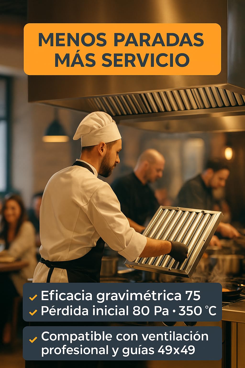 RO Linea Blanca ® Filtro Lamas 490x490x48 Mm Acero Inox AISI 304 Para Campana Industrial Hosteleria Lavable Lavavajillas Drenaje Lamas Inclinadas Pomo Sujeccion Recambio Universal Seguridad Casa