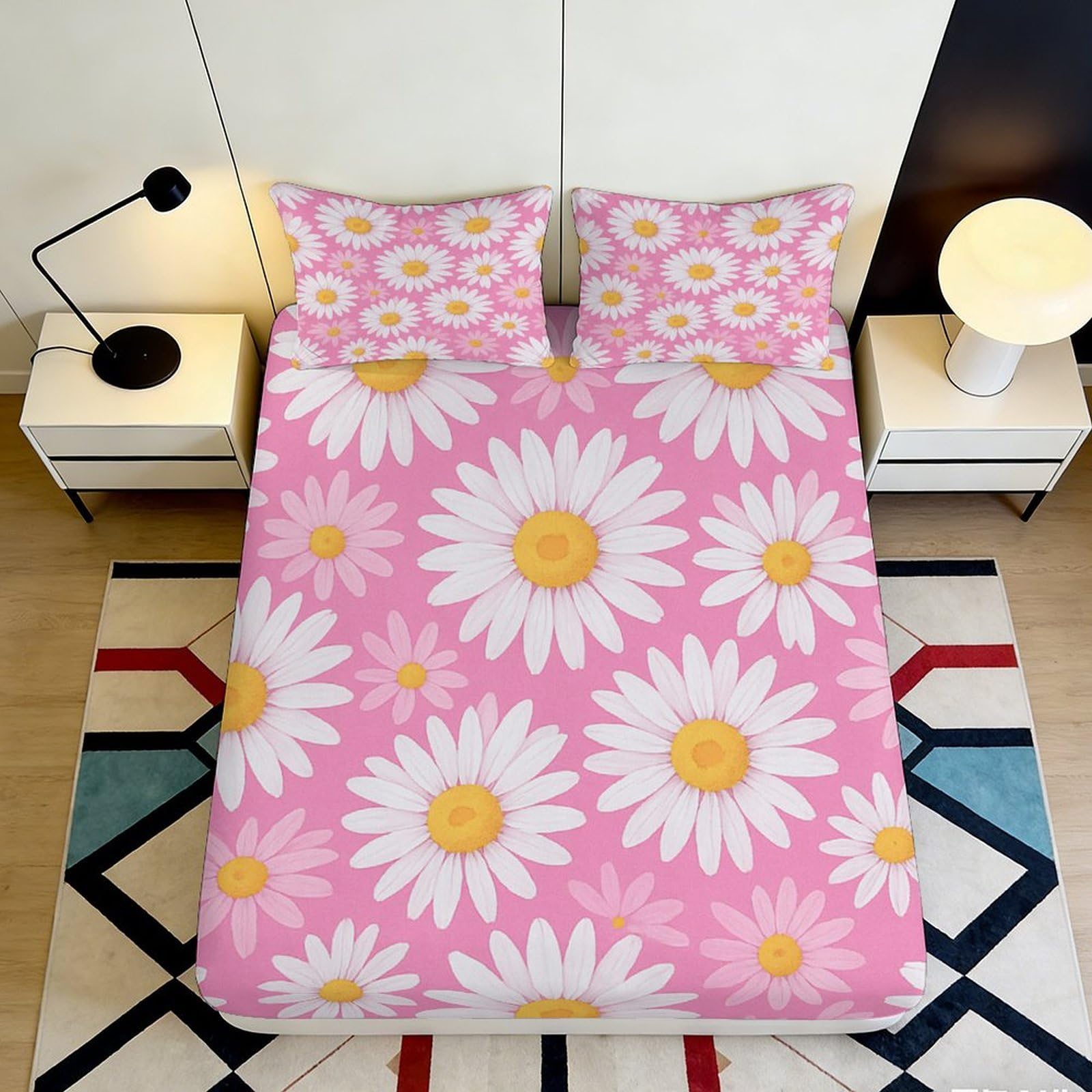 3D Printed Pink Daisy Fitted Sheet Microfiber Soft Floral Mattress Cover Bedroom Decor Machine Washable 140x200x25cm