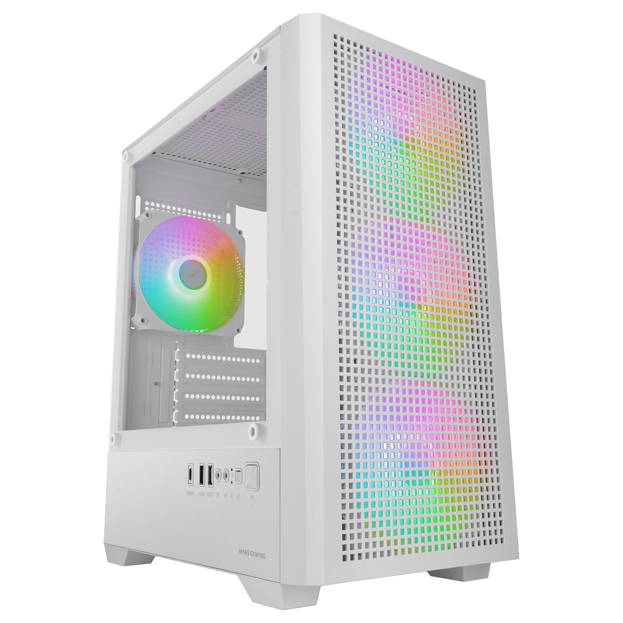 Mars Gaming MC-VECTOR, Micro-ATX and Mini-ITX Gaming PC Case, 4x 120mm ARGB FDB Fans, Tempered Glass, Mesh Front, Dual Chamber, 120mm Liquid Cooling Support, USB-C, White