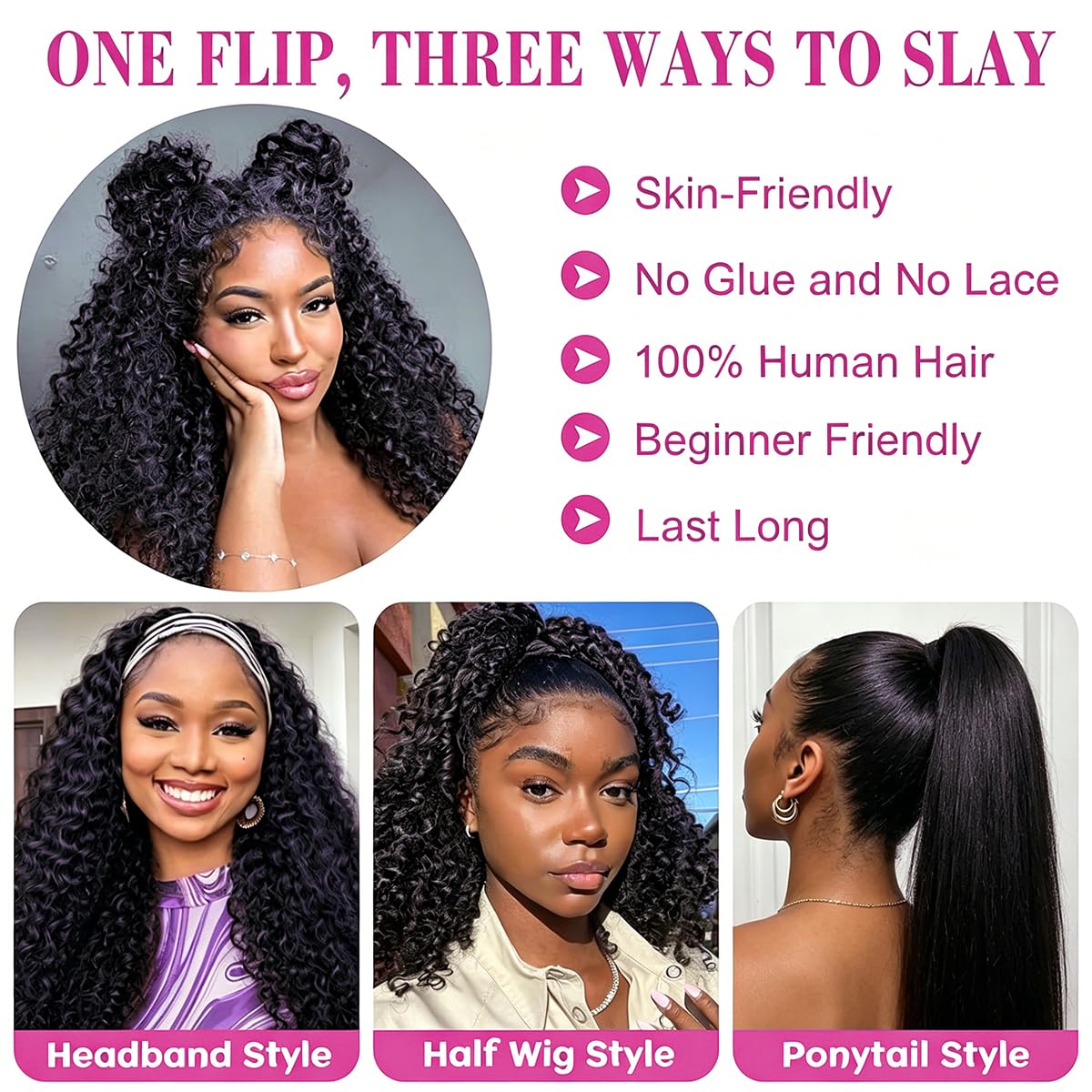 Half Wig Human Hair Deep Wave 200% Density Curly Human Hair Half Wig 16 Inch 3 In 1 Glueless Wear Go Wigs for Black Women with Drawstring Beginner Friendly Flip Headband Wig Natural Black