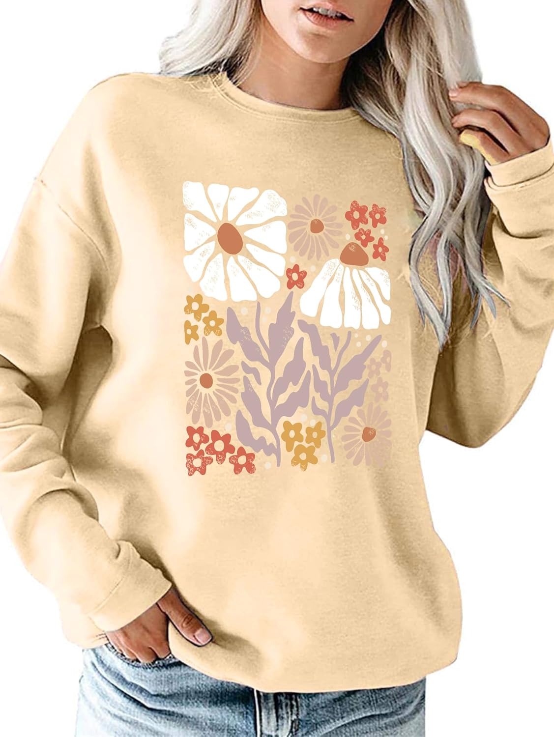 Flower Sweatshirt Women Wildflower Shirts Vintage Minimalistic Flower Print Sweatshirt Fall Autumn Pullover Tops - Image 2