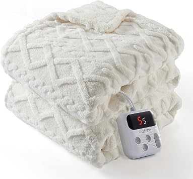 CAROMIO Electric Blanket Full Size - Thick Tufted Sherpa Heated Blanket Full Size with 10 Heating Levels and 10 Time Settings, ETL Certified Machine Washable Fast Heating Blanket Full 72"84", White