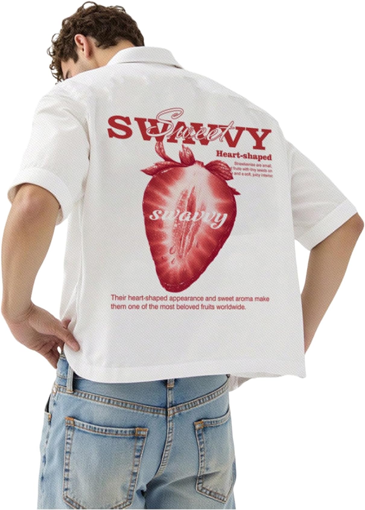 Men's Striped Button Down Up Cropped T Shirt Short Sleeve Letter Summer Vacation Shirts Boxy Tees Streetwear
