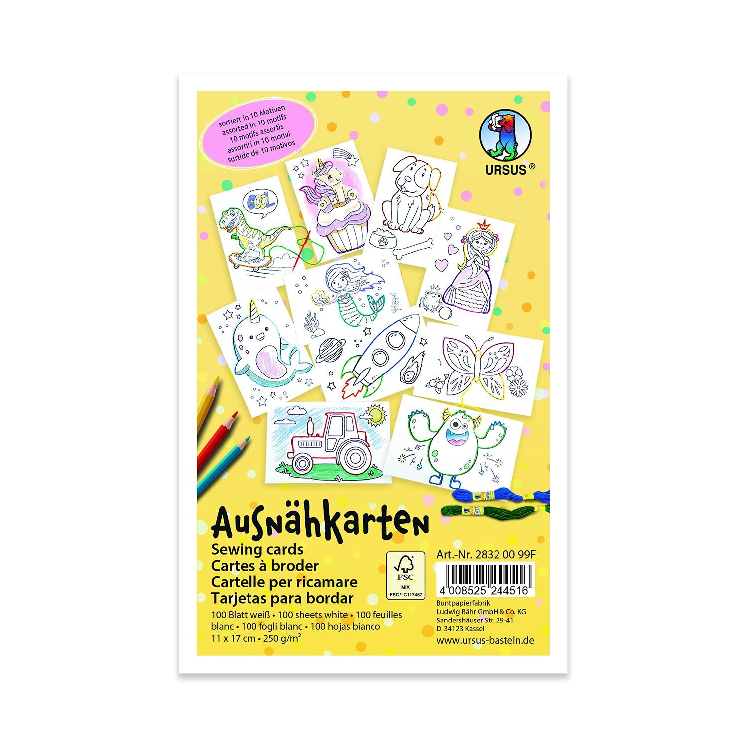 Ursus 28320099F Sewing Cards for Children 100 White Embroidery Cards with Pre-Printed Motifs for Embroidering and Colouring Approximately 11 x 17 cm