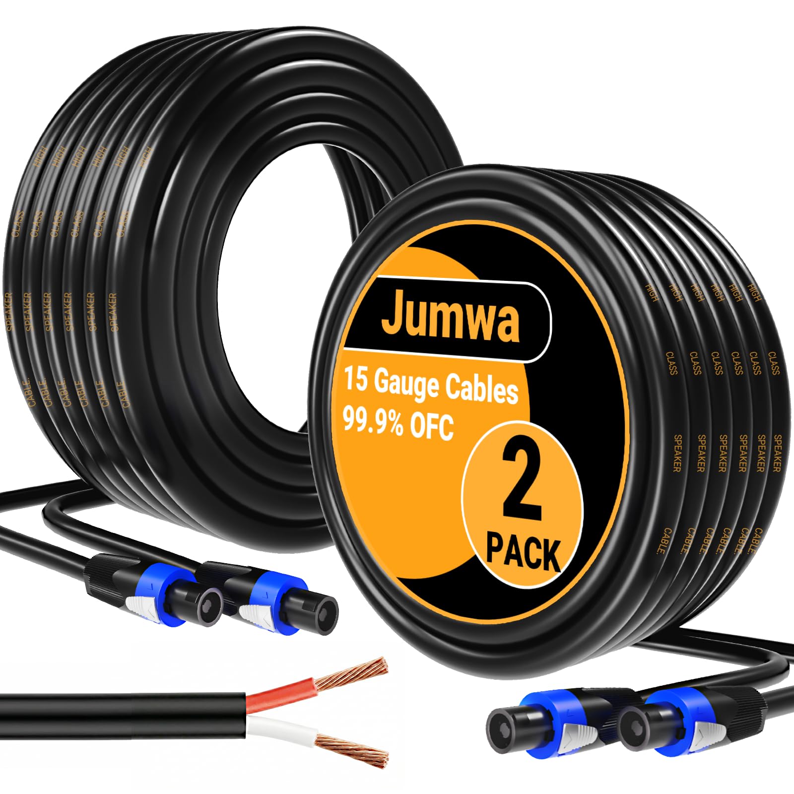 15M 2Pack Cavi Speakon 15 AWG 99,9% Puro Rame (OFC) Cavo per Speakon PA con Twist Lock per Audio Professionale e Domestico, 2 Conduttori