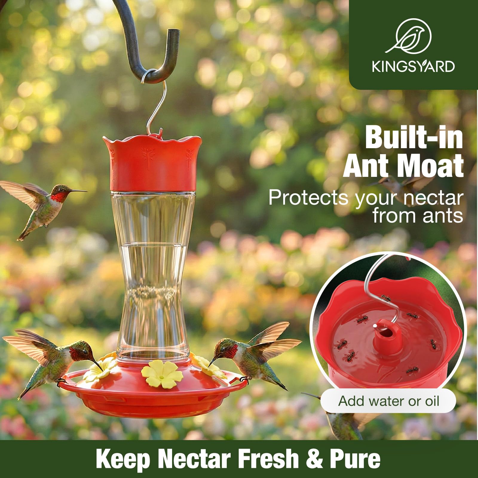 Kingsyard Glass Hummingbird Feeder for Outdoors Hanging, 10 oz Leak-Proof Humming Bird Feeders with Ant Moat & Bee Proof Feeding Ports, Hummingbird Gift for Bird Lovers (Clear) - 3