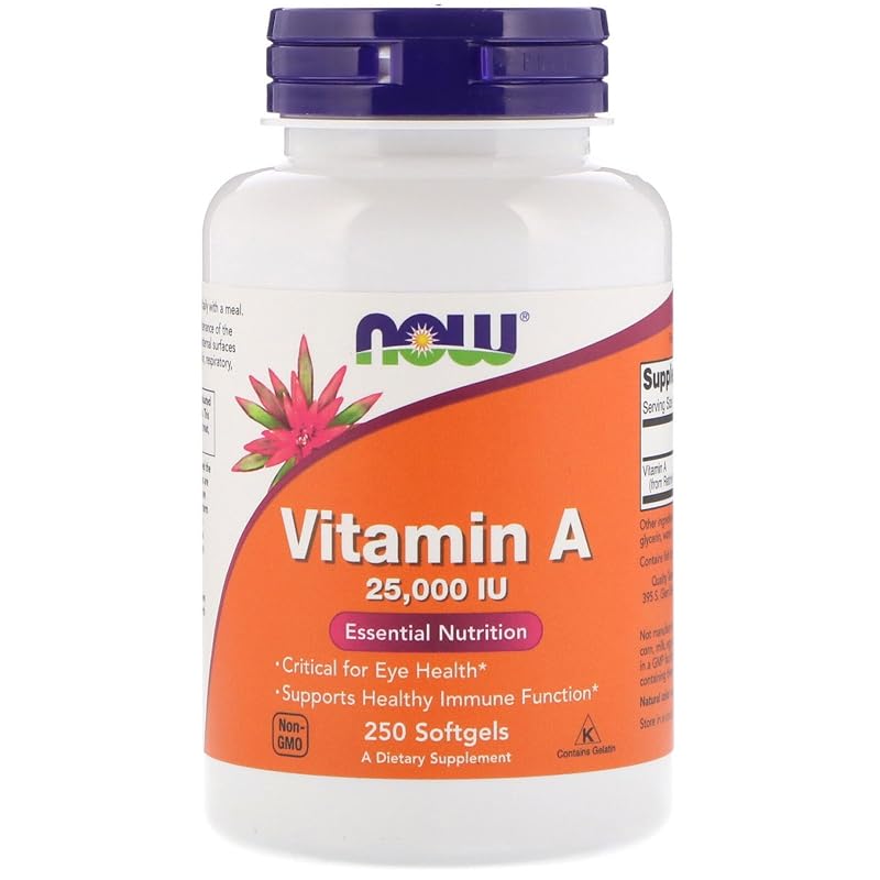 NOW Vitamina A de óleo de fígado de peixe, 25.000 UI, 2 frascos com 250 cápsulas gelatinosas