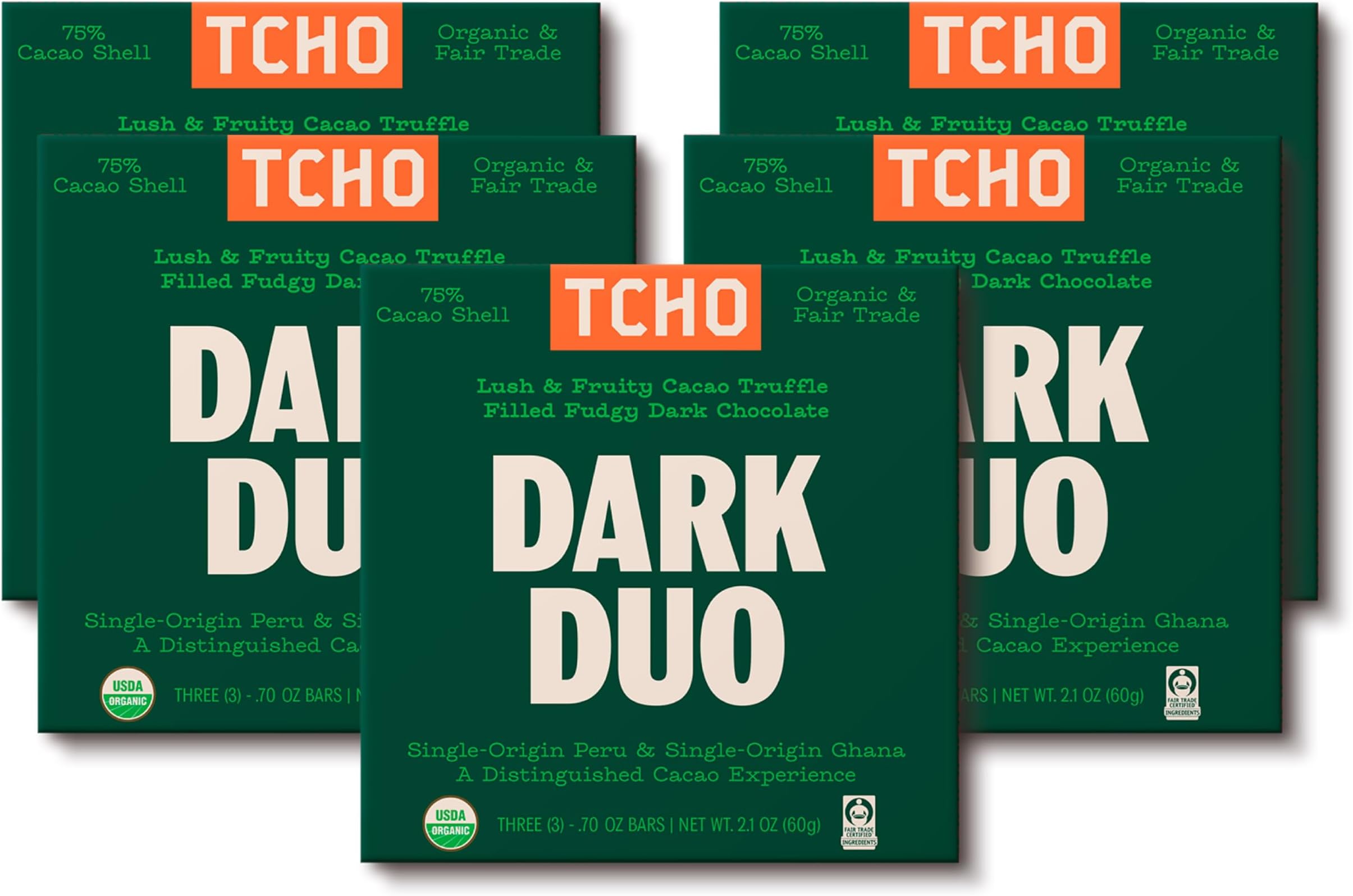 TCHO Dark Duo 75% Dark Chocolate Bars (5 pack) | Plant Based, Organic & Fair Trade | Non GMO, Non-Dairy, Vegan Chocolate, Soy Free (2.1oz each)