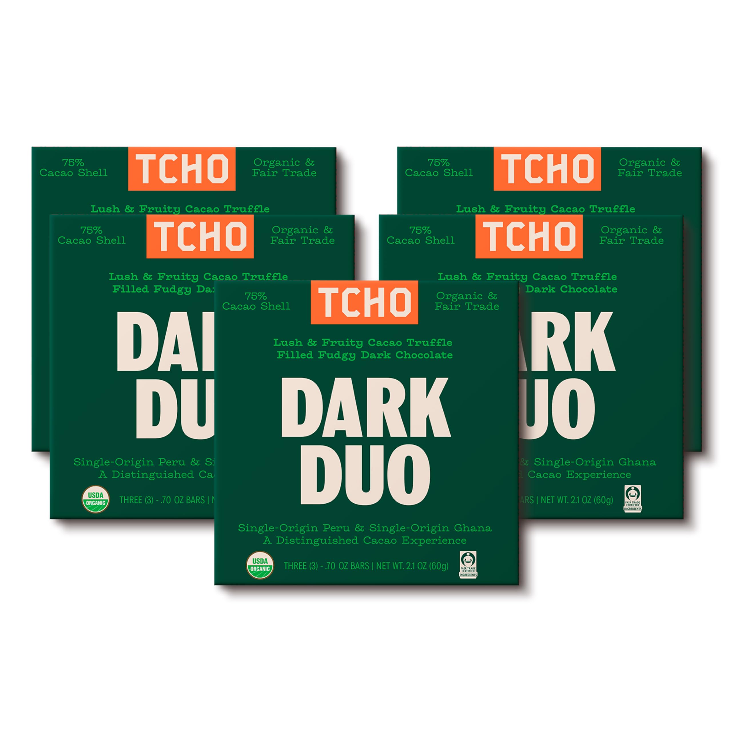 Dark Duo 75% Dark Chocolate Bars (5 pack) | Plant Based, Organic & Fair Trade | Non GMO, Non-Dairy, Vegan Chocolate, Soy Free (2.1oz each)