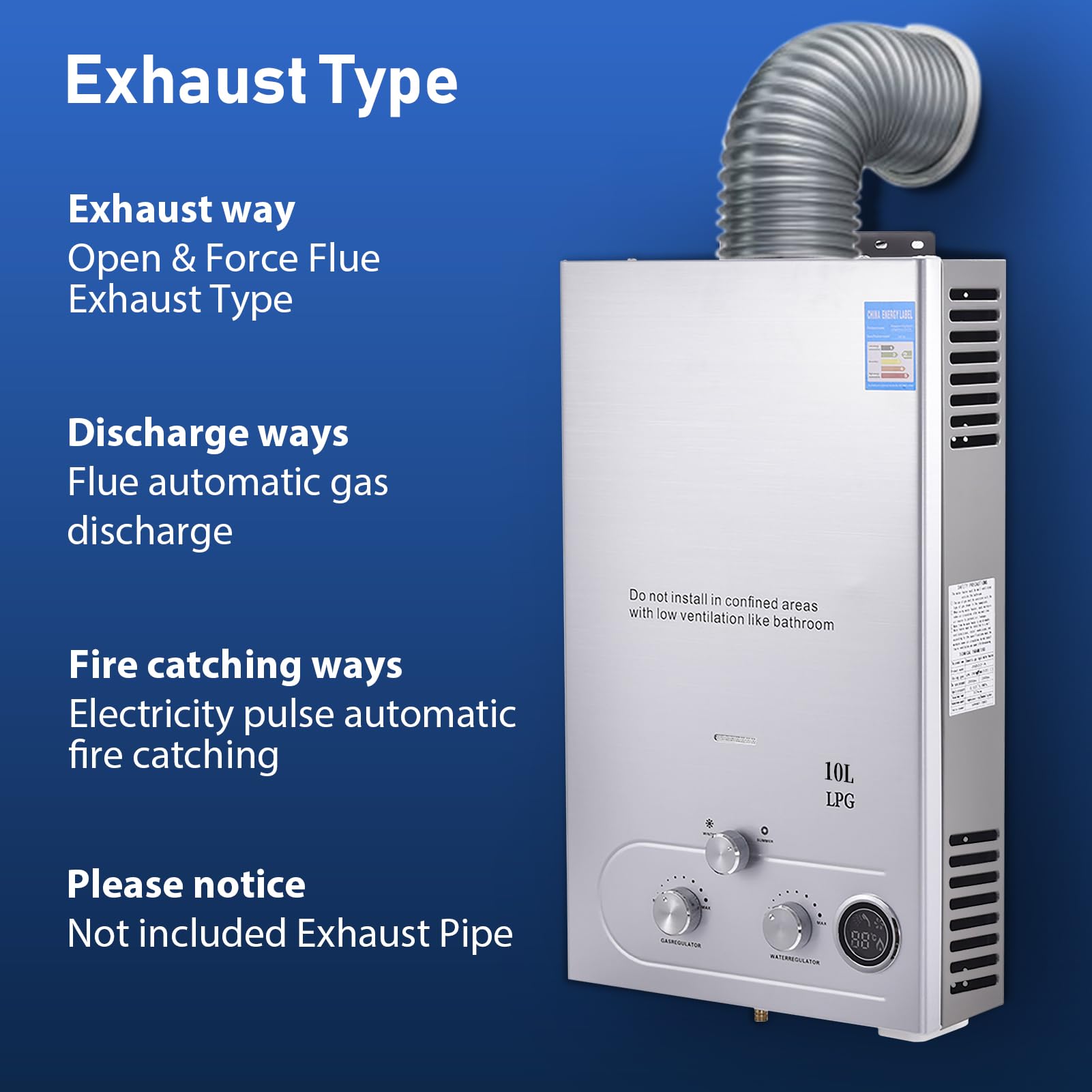 Durchlauferhitzer Gas 10L, 20KW LPG Gasdurchlauferhitzer Warmwasserbereiter Super Niedrigem 0,5bar Startwasserdruck, Tragbarer Gas Durchlauferhitzer, für Dusche im Außenbereich Dusche Bad Camping
