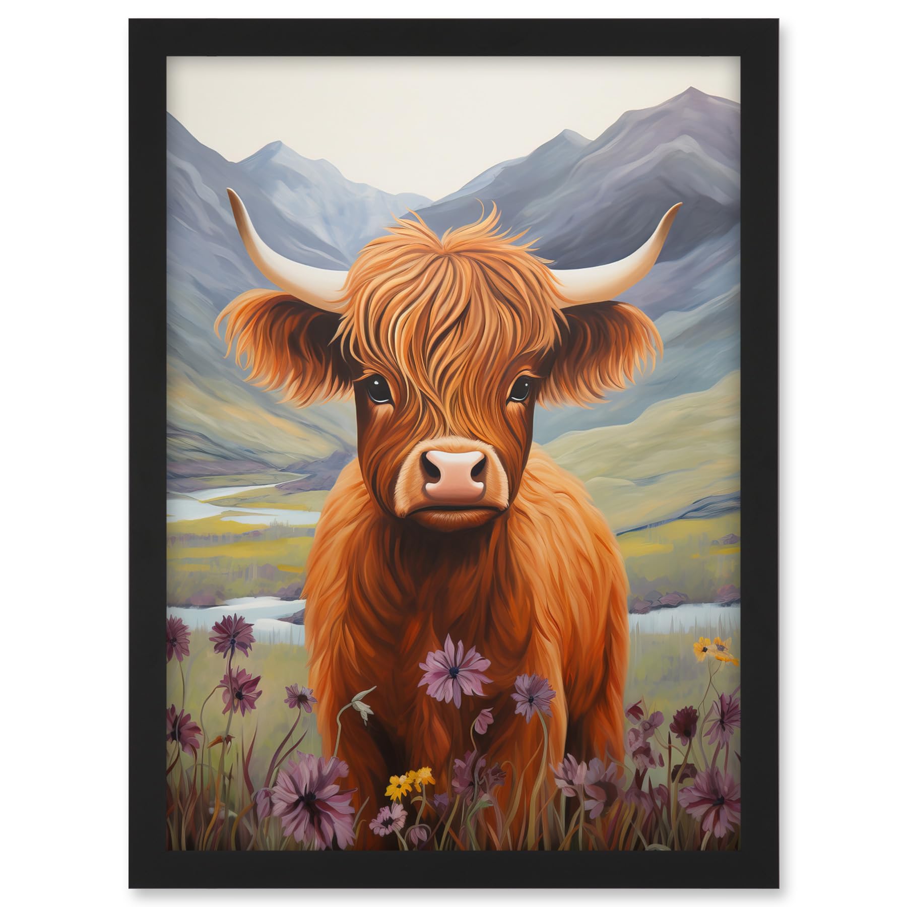 Artery8 Kids Bedroom Nursery Artwork Highland Calf Cow in Heather and Cornflower Glen Scotland Artwork Framed A3 Wall Art Print