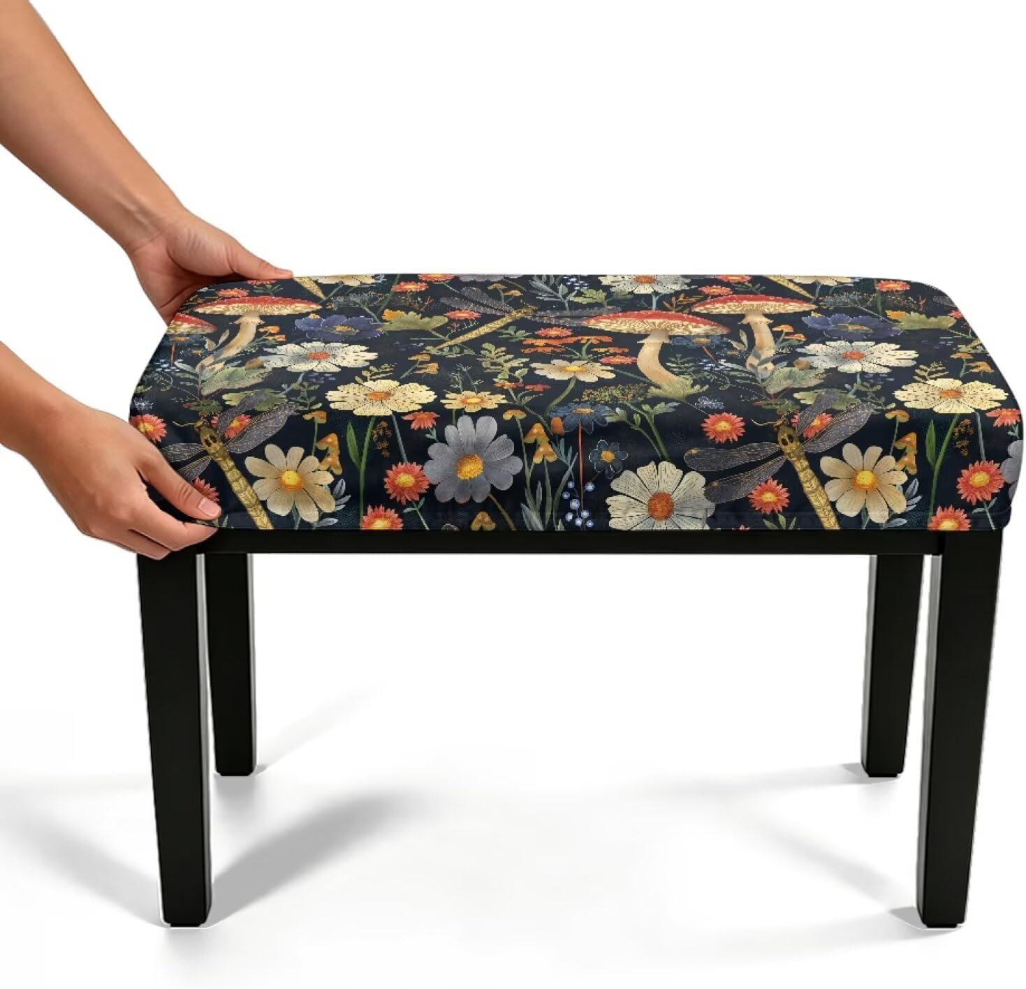 Talayituse Dragonfly Mushroom Daisy Print Piano Bench Cover with Straps