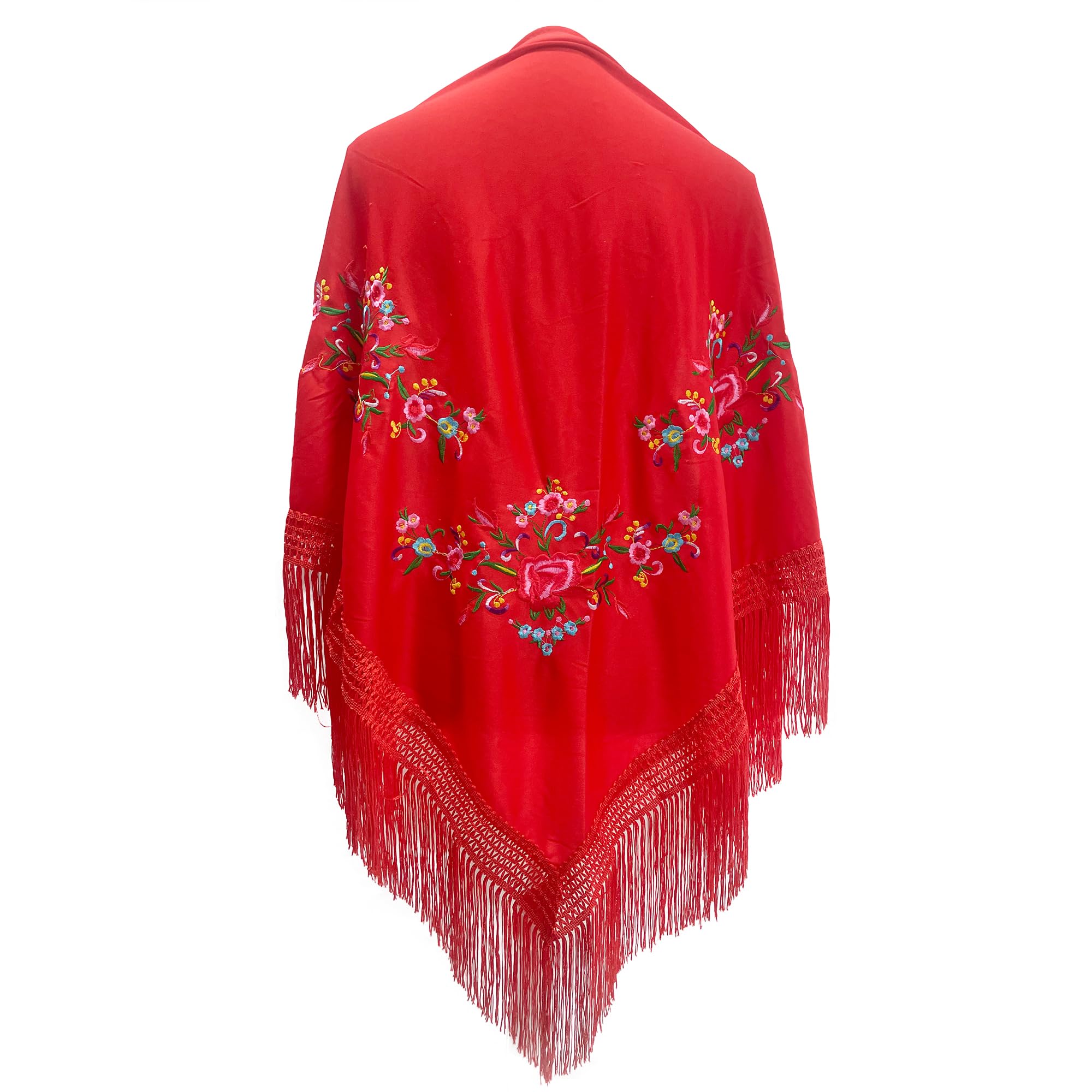 Mantón Bordado en Flores para Baile Flamenco Español, Set de Complementos Sevillana, Mantón, Collar, Flor y Peineta Flamenca para Adultos