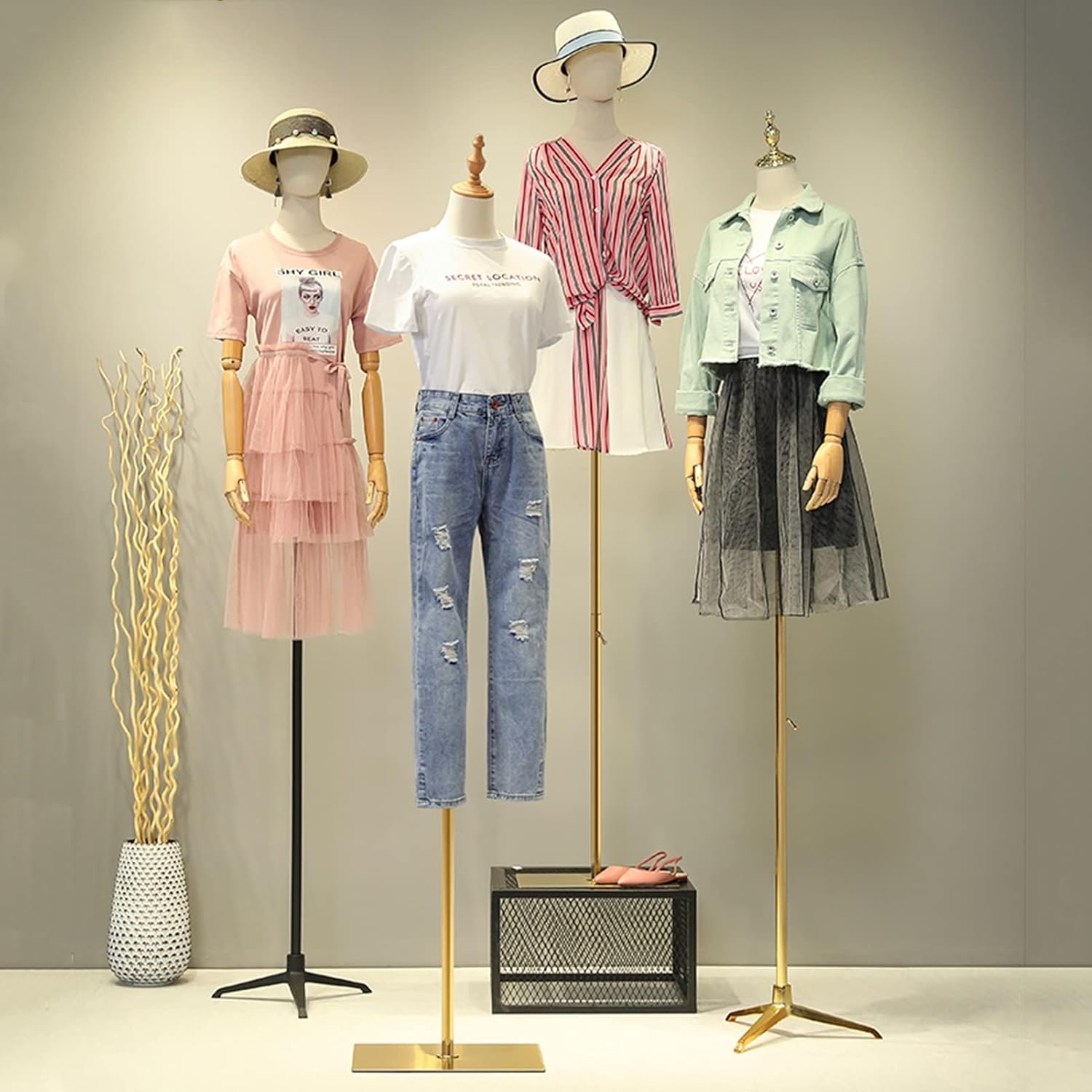 Female Mannequin Torso Body Dummy Dress Form Busts with Solid Wood Arm Height-Adjustable Display Stand for Clothing (Color : Gold-B) (Gold)