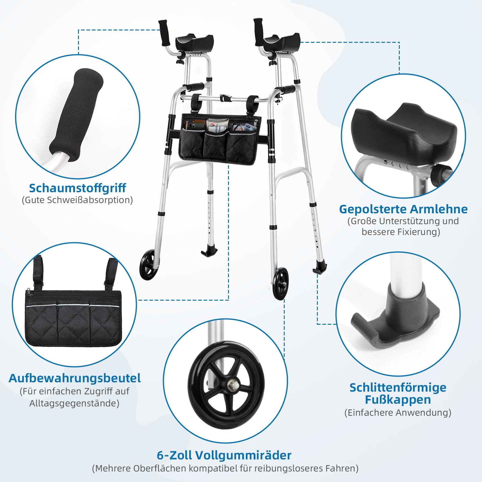 Marco plegable para caminar con ruedas y almohadilla extraíble para el brazo. Ayuda a caminar de aluminio ajustable para los ancianos (rueda con rodamientos)