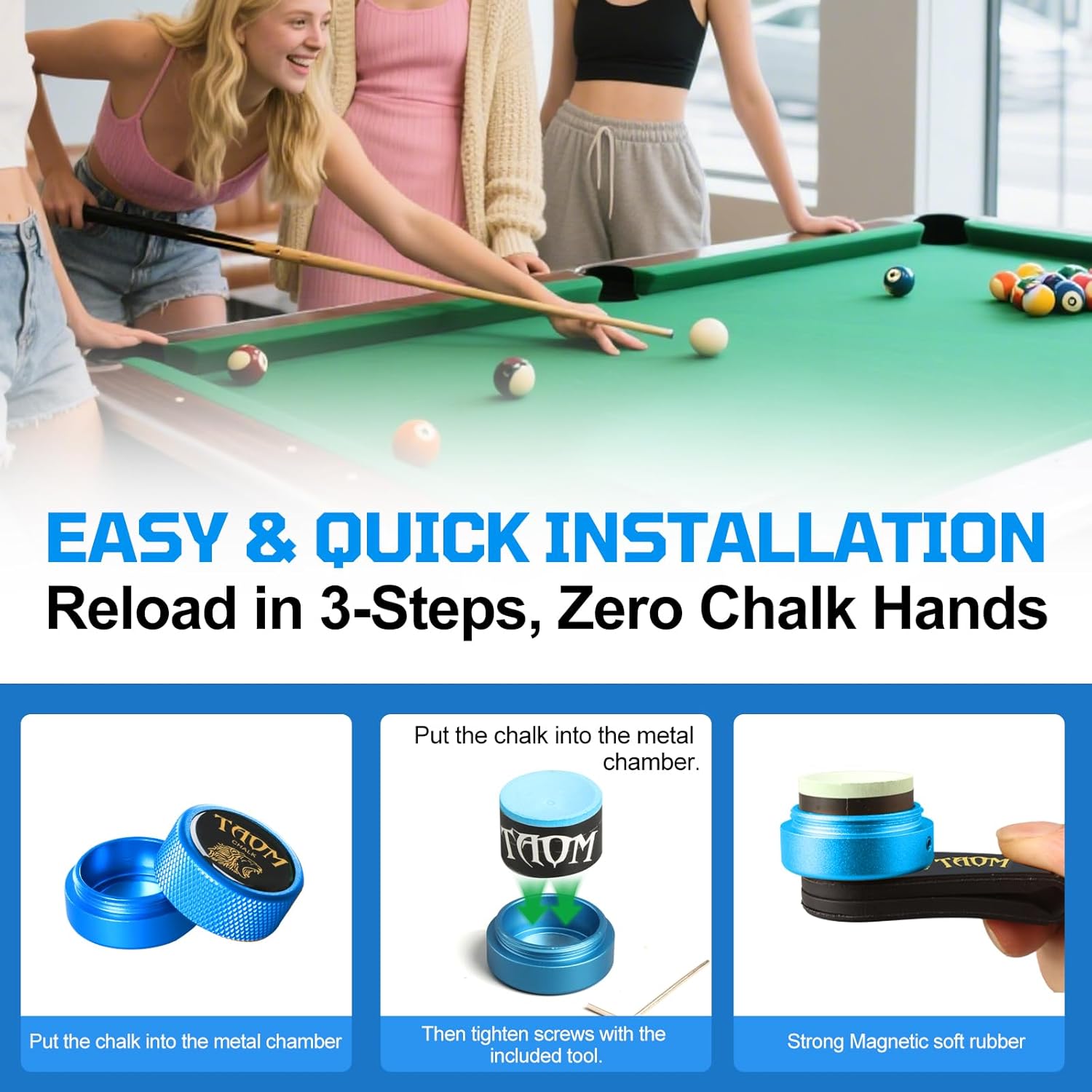 TAOM Round Shaped Pool Chalk Holder, Portable Pool Chalk Cubes, Magnetic Mini Chalk Holder Pool Billiards, Pool Cue Chalk Case Container Box for Billiard Cue Tip Tool Pool Table Snooker Accessories