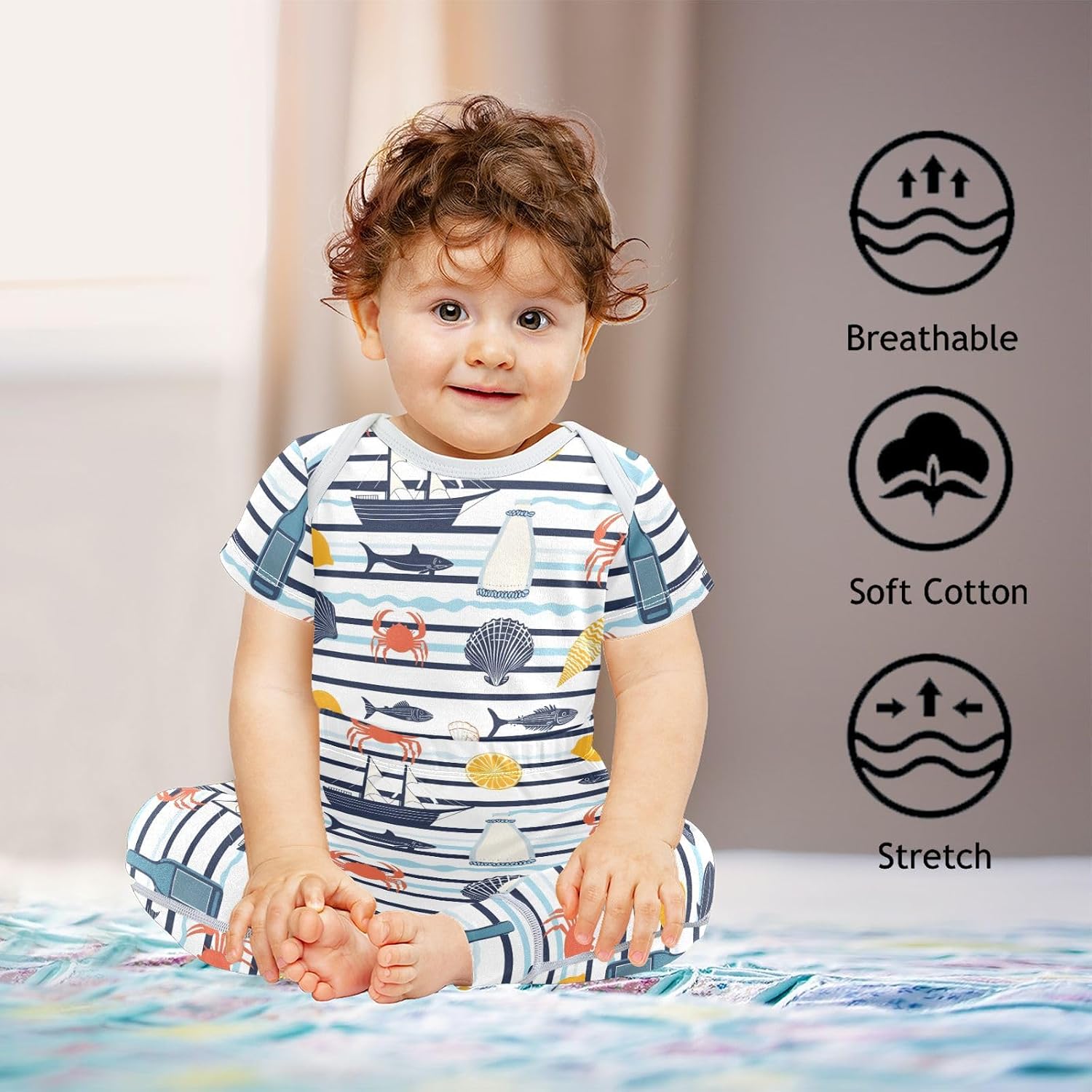 vvfelixl Baby Clothes Blue Striped Ocean Baby Bodysuits Set Unisex Short Sleeve Babys Pants Sets 0-3M
