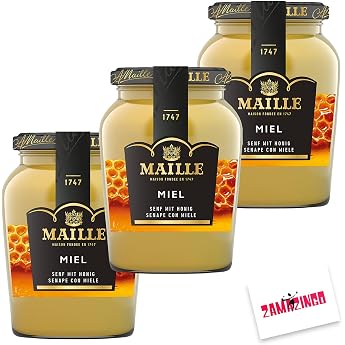 Maille Mustard with Honey in Glass 230 g Pack of 3 Finest Mustard Made from Whole Mustard Seeds Delicate with Delicious Honey Gourmets and Gourmets + Zama4Zingo Card