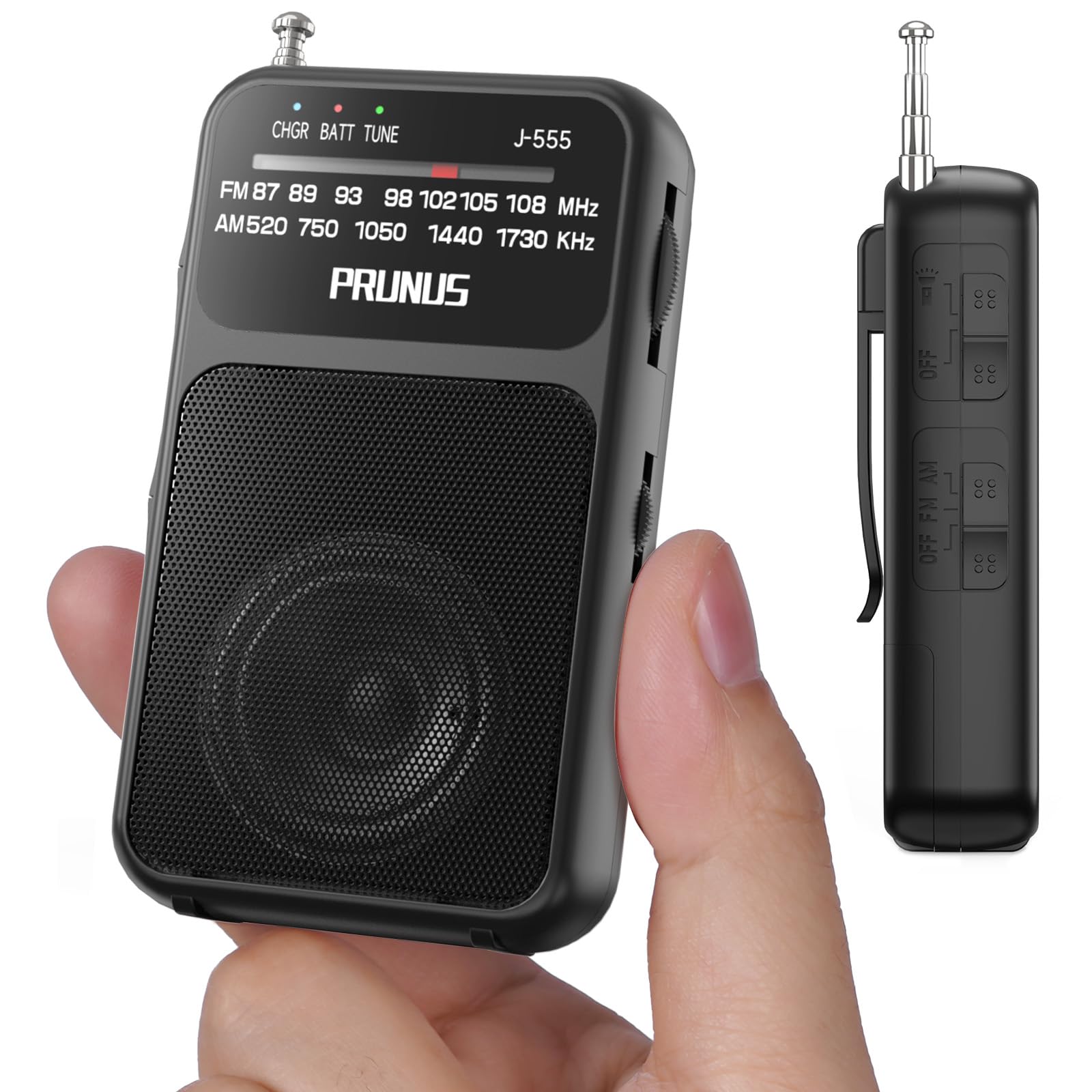 PRUNUS J-555 Pocket Radio AM FM USB-C Charging& Battery Operated, Excellent Reception& Clear Speaker and Headphone Jack, Back Clip, Flashlight, Transistor Radios, Portable Radios AM FM, Mini Radio