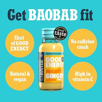 UNROOTED Mighty Ginger, Chilli & Baobab Shots - Immunity & Energy 12x60ml | Ginger Shots with Chilli And Baobab. High in Vitamin C, Caffeine-Free Natural Energy and Supports Immune System.