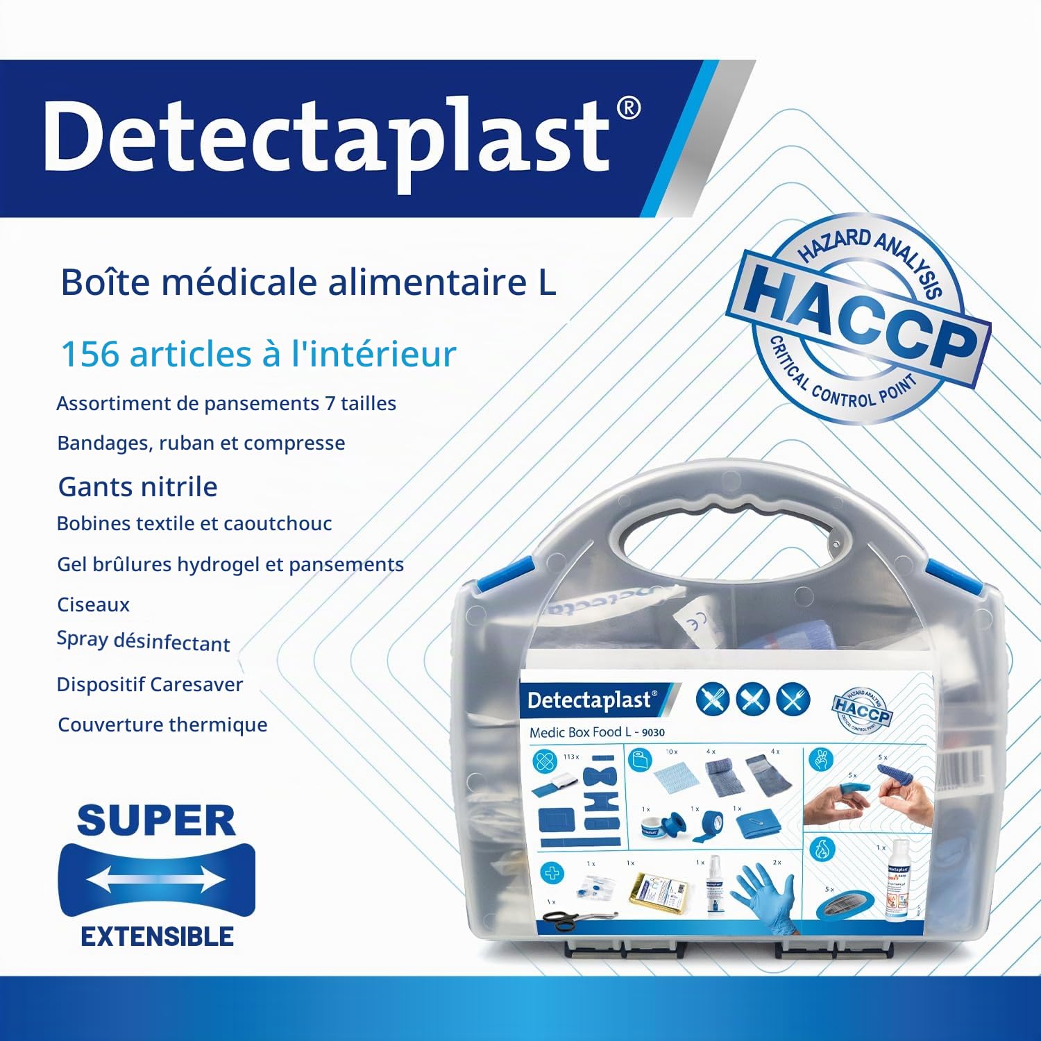 Detectaplast Trousse de Premiers Secours pour la Restauration, pour Le Traitement des plaies, Trousse Portable en Mallette avec Pansement, Bandage, Ruban adhésif, compresses stériles, 157 pcs
