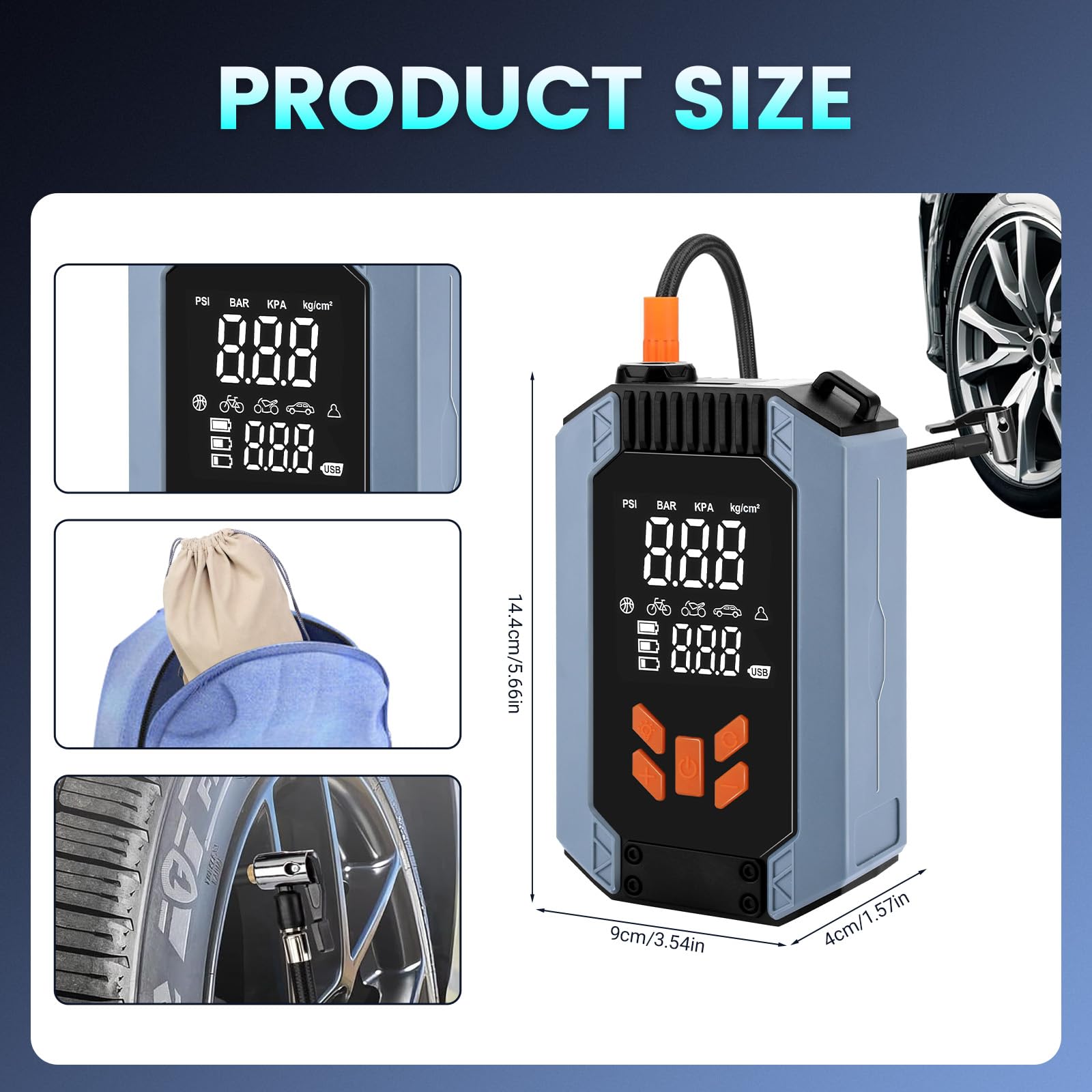 UCAMP Compressore à Aria Portatile, Mini Pompa Elettrico Portatile con 4000mAh USB C 4 Modes 150 PSI, Inflazione Rapida, Luce LED e Arresto Automatico, per Auto, Moto, Bicicletta, Palla