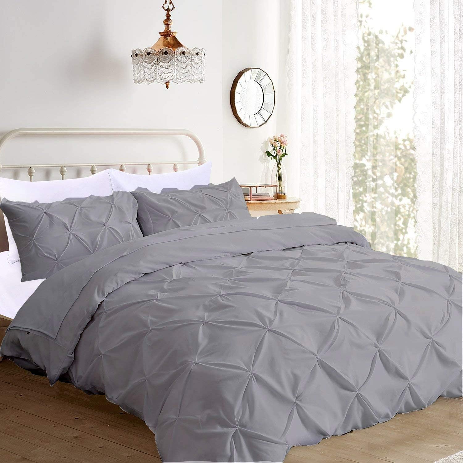 3 Piece Pinch Pleated 1000 TC Duvet Cover Set with Zipper Closure and Corner Ties 100% Egyptian Cotton RV Short Queen Beige Solid