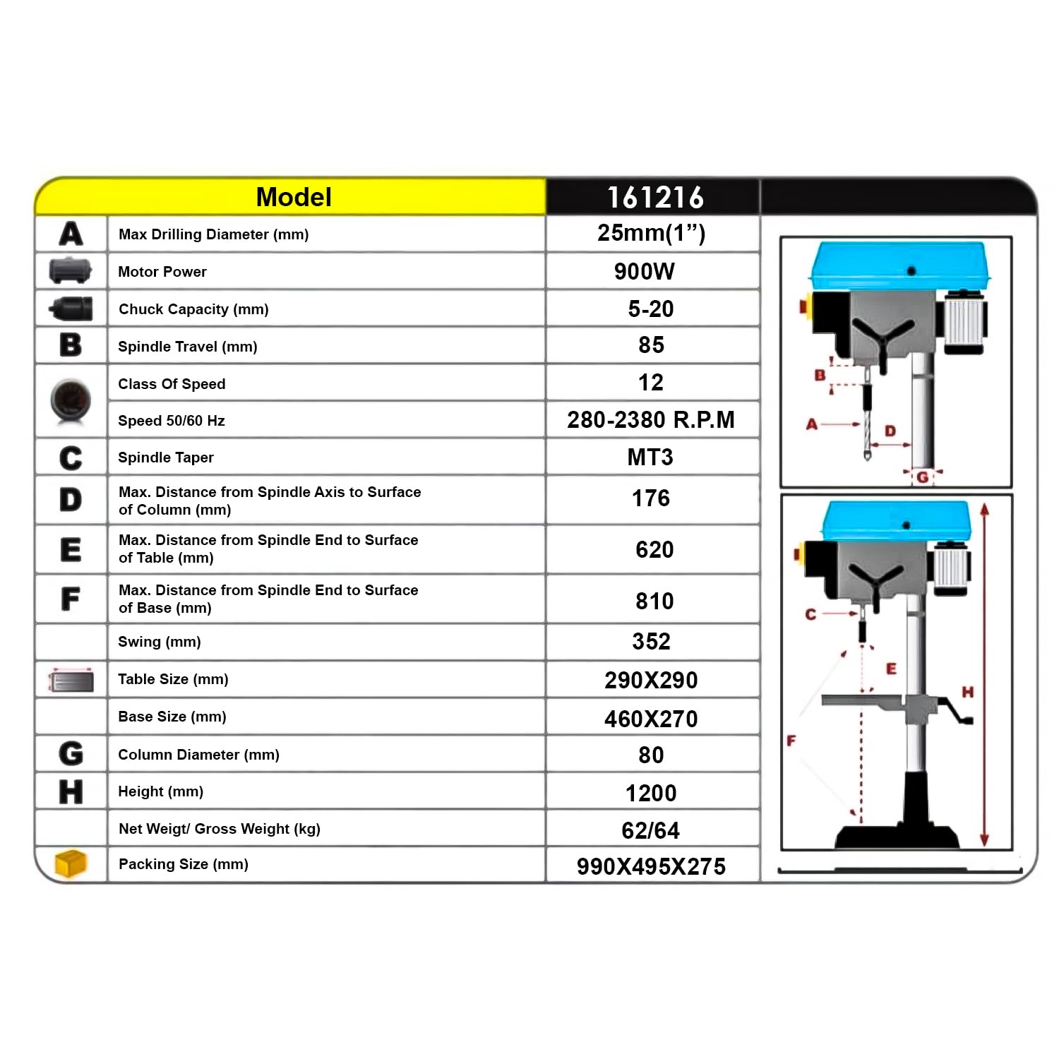 KATSU Tools Prensa de taladro de pilar de banco industrial de 900 W + portabrocas de 20 mm + interruptor electrónico de velocidad variable de 12 velocidades + profundidad máxima de perforación de 85