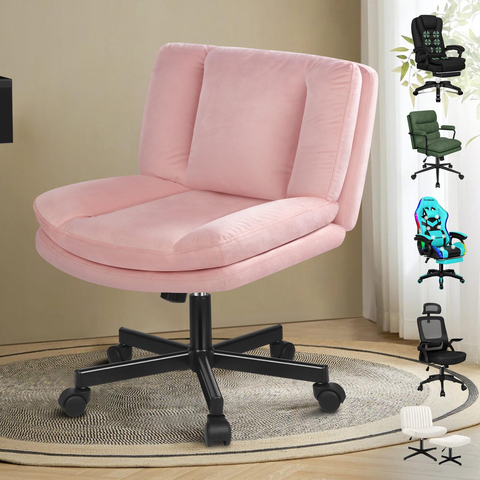 ELFORDSON Cross Legged Office Chair, Wide Seat Armless Desk Chairs with Wheels, Criss Cross Mid-back Vanity Chair for Home Office, Ergonomic, Height Adjustable, Swivel, Velvet, Pink — image 1