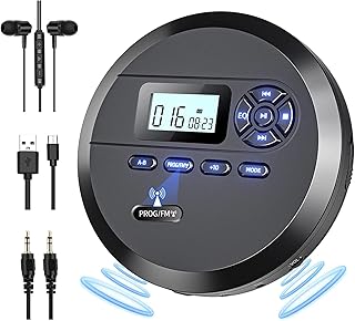 CD Player Portable, DESOBRY Portable CD Player with Speakers & FM Transmitter, Compact CD Player for Car Built-in 2000mAh Rechargeable Battery, Walkman CD Player with LCD Screen, Earphones, AUX Cord