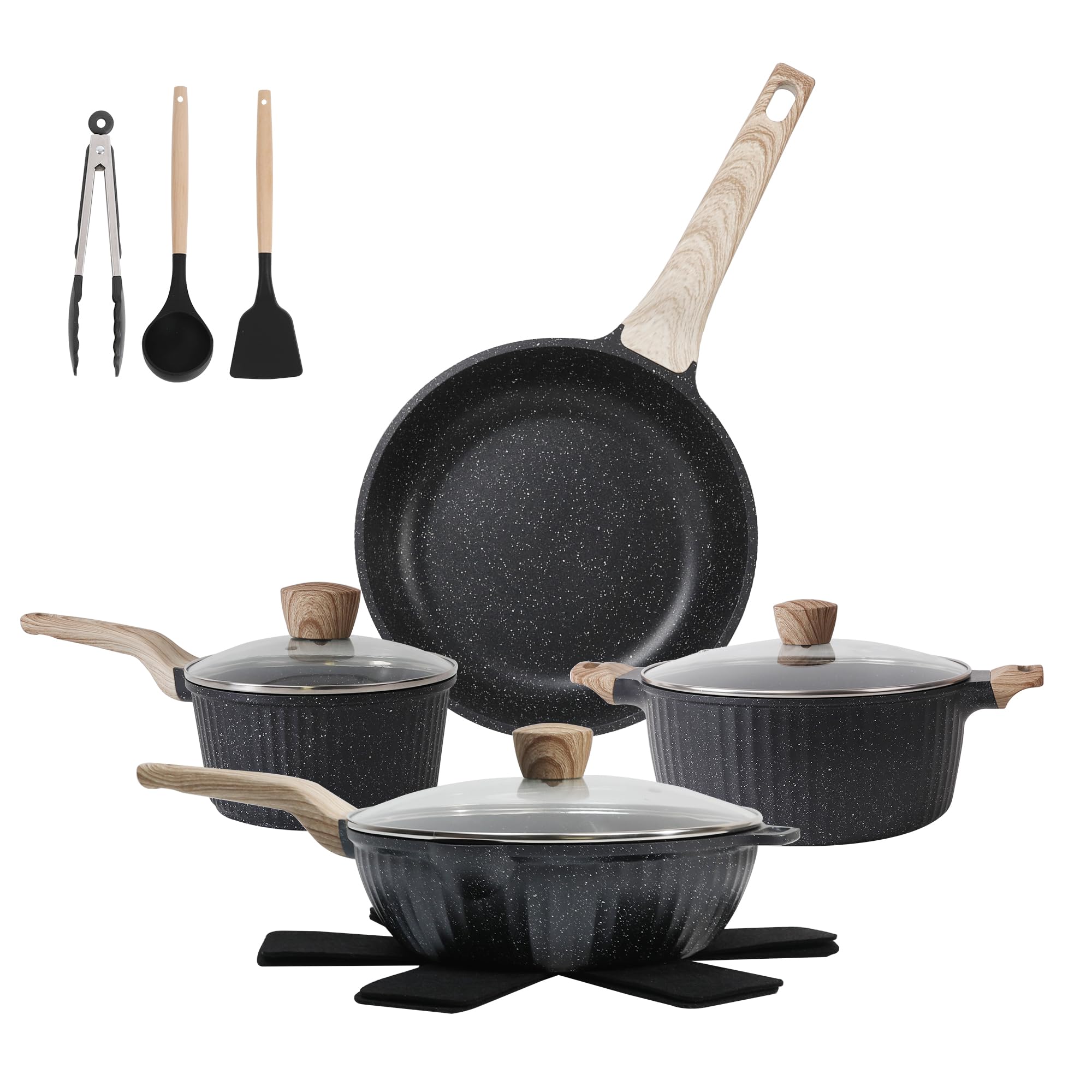 Pots and Pans Set Non Stick, 13Pcs Kitchen Cookware Sets, Granite Stone Induction Cookware Non Stick Cooking Set w/Frying Pans, Saucepans, Sauté Pan (PFOA Free), Black