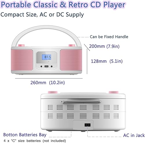 Miniatura 6 de Boombox reproductor de CD portátil con Bluetooth, radio FM estéreo, control remoto, entrada USB y conector de auriculares AUX de 0.138 in,