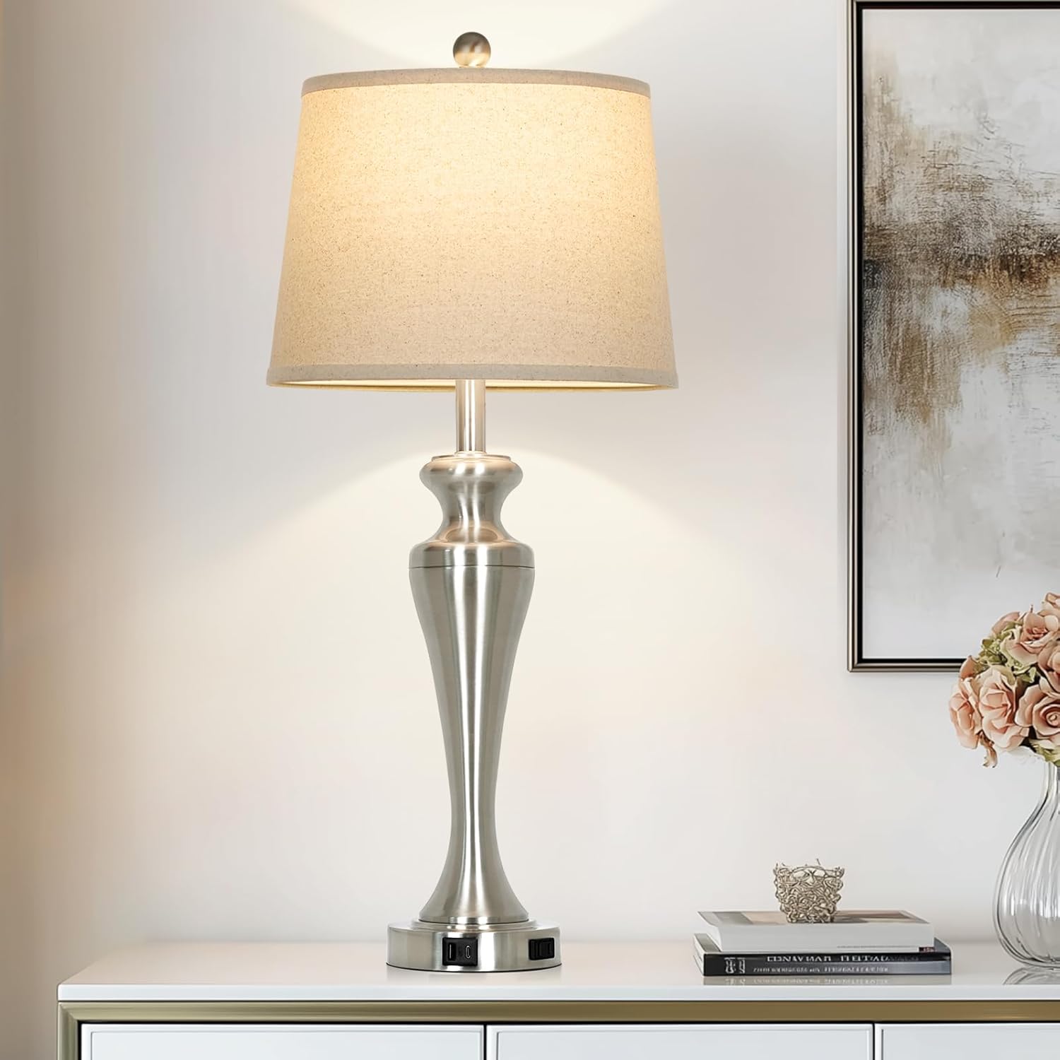 30" Table Lamp, 3-Way Dimmable Touch Bedside Lamp with USB A+C Ports and AC Outlet, Tall Living Room Lamps for Side Table, Modern Brushed Nickel Bedroom Lamps for Nightstand, Silver-1PK