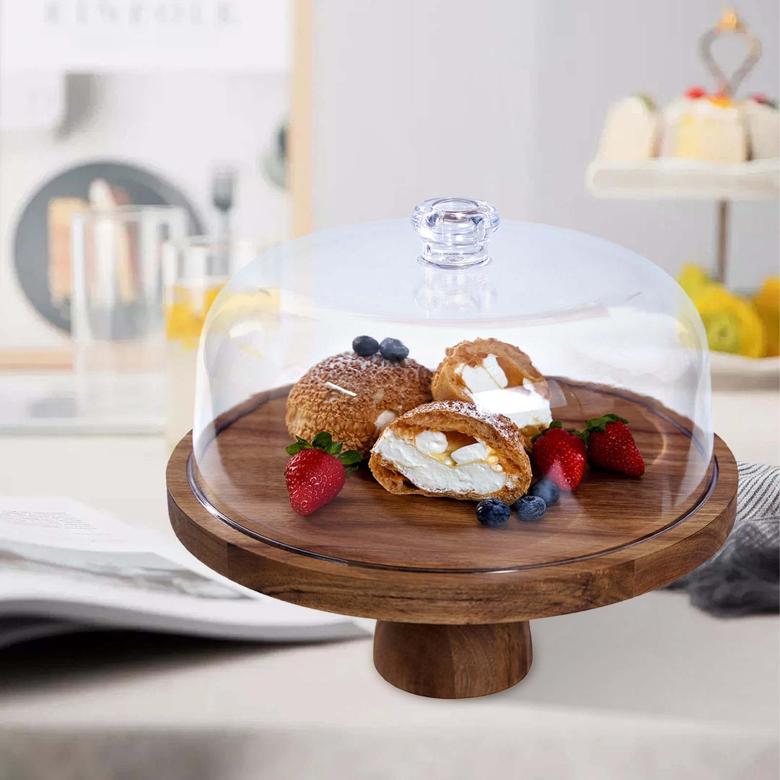 Buachois Soporte para Pasteles con Tapa y Patas, Ø 30 cm / 12 Pulgadas Pastel Tapa, Madera 2 en 1 Mesa de Doble Plaón de Charcutería de Redondo de Postres con Cúpula para Bandeja de Queso y Frutas