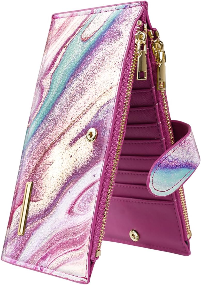 Womens RFID Blocking Large Capacity Wallet Multi Card Organizer Bifold Wallet for Women with Zipper Pocket, Purple Painting