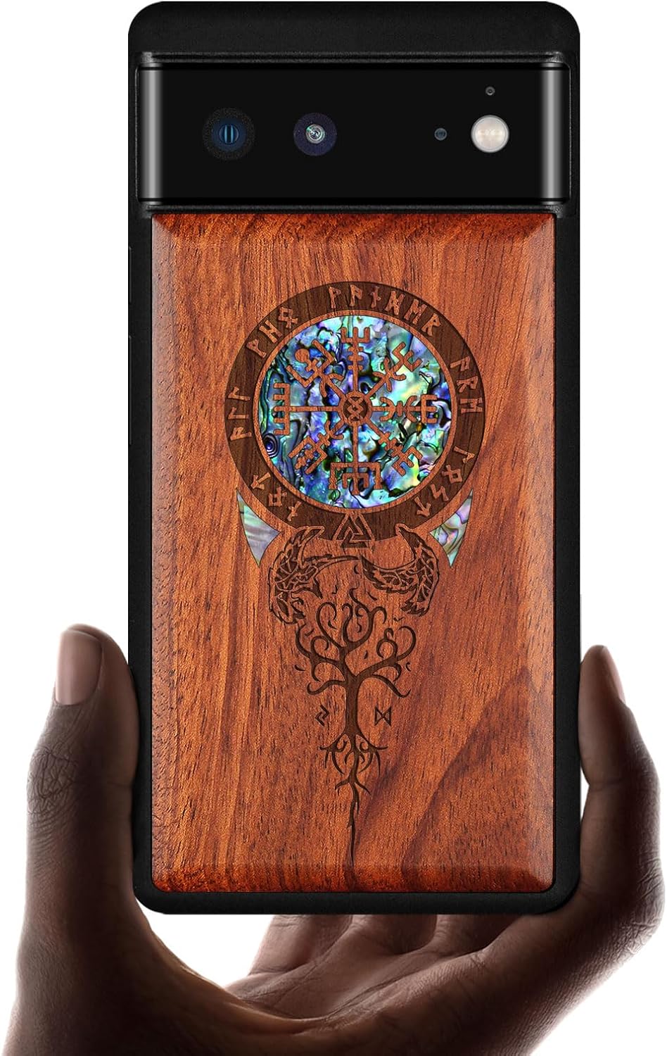 Carveit Designer Wooden Case for Google Pixel 6 Case Protective Cover [Wood Engraving & Shell Inlay] Compatible with Wireless Chargers Pixel 6 (The Vegvisir of Viking-Rosy)