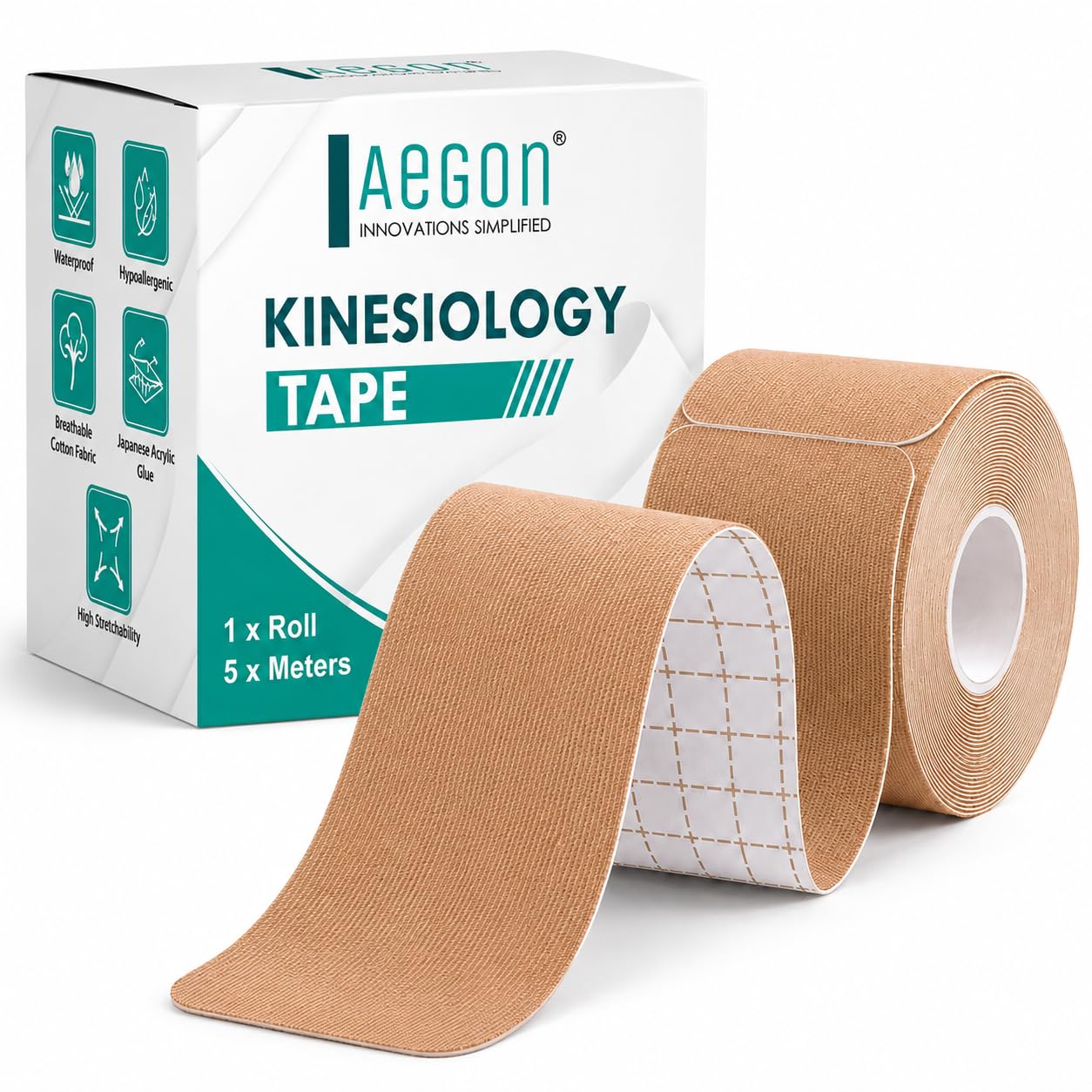 Aegon Pre-cut Waterproof Kinesiology Tape 5 Metres Latex Free Breathable Athletic Sports Tape For Injury, Muscle Support, Pain Relief, Joint Support And Physiotherapy (Beige, Precut 5cm)-picture-32