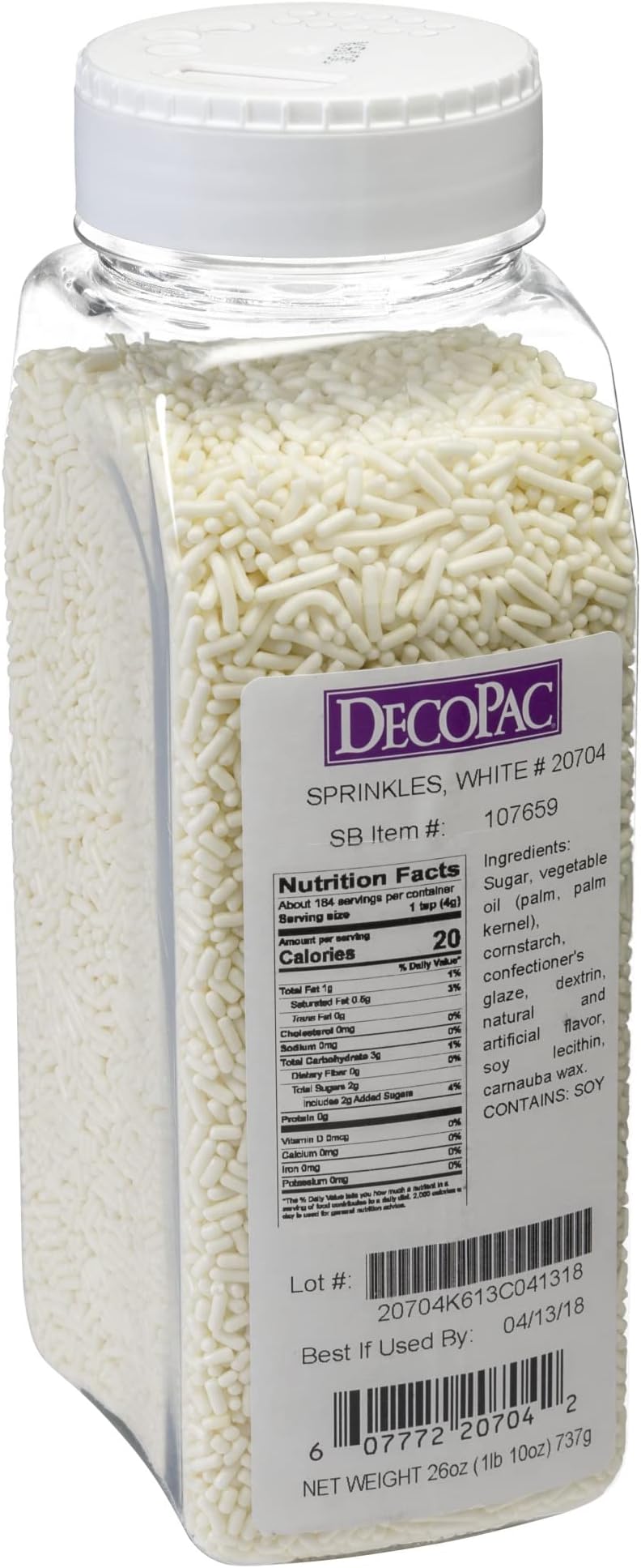DecoPac White Sprinkles | Extra Large 26oz Pack | Cake Sprinkle Mix, Fancy Sprinkles For Cake Decorating, Handheld Container, Candy Sprinkles, Cake Sprinkles - White