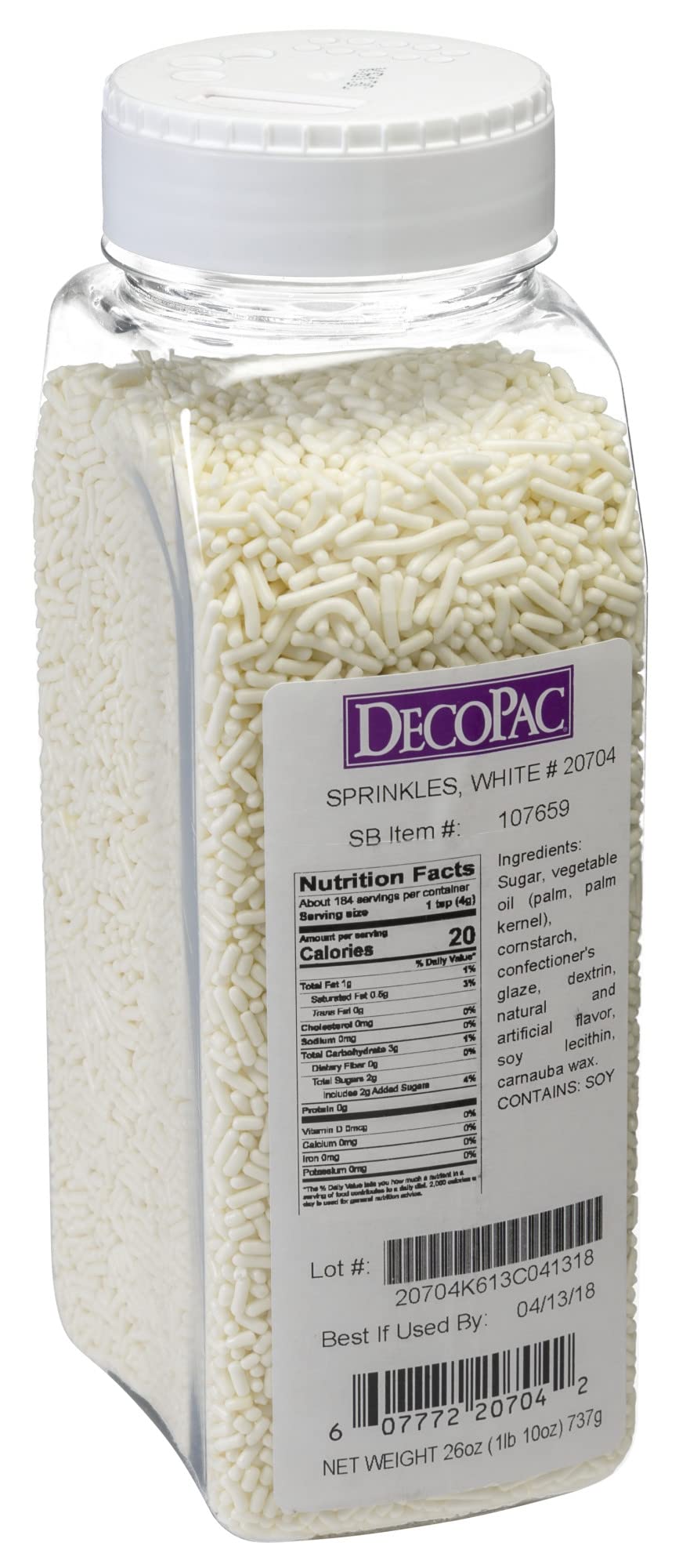 DecoPac White Sprinkles | Extra Large 26oz Pack | Cake Sprinkle Mix, Fancy Sprinkles For Cake Decorating, Handheld Container, Candy Sprinkles, Cake Sprinkles - White