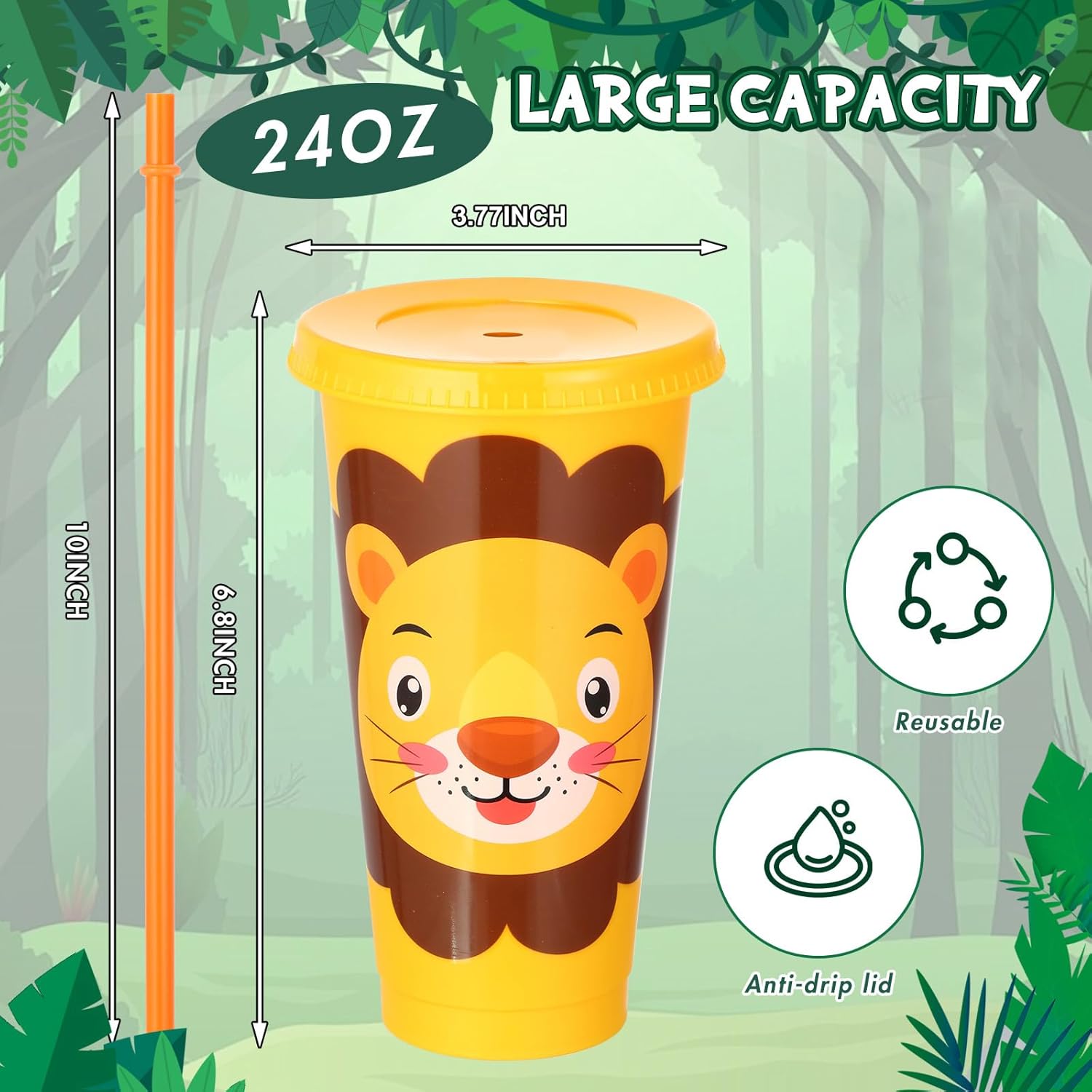 Domensi 24 Pcs Plastic Cups with Lid Straw 24 oz Reusable Tumbler Water Bottle Coffee Mug for Team Employee Students Birthday Party Favors Supplies(Jungle Animal) - Image 2